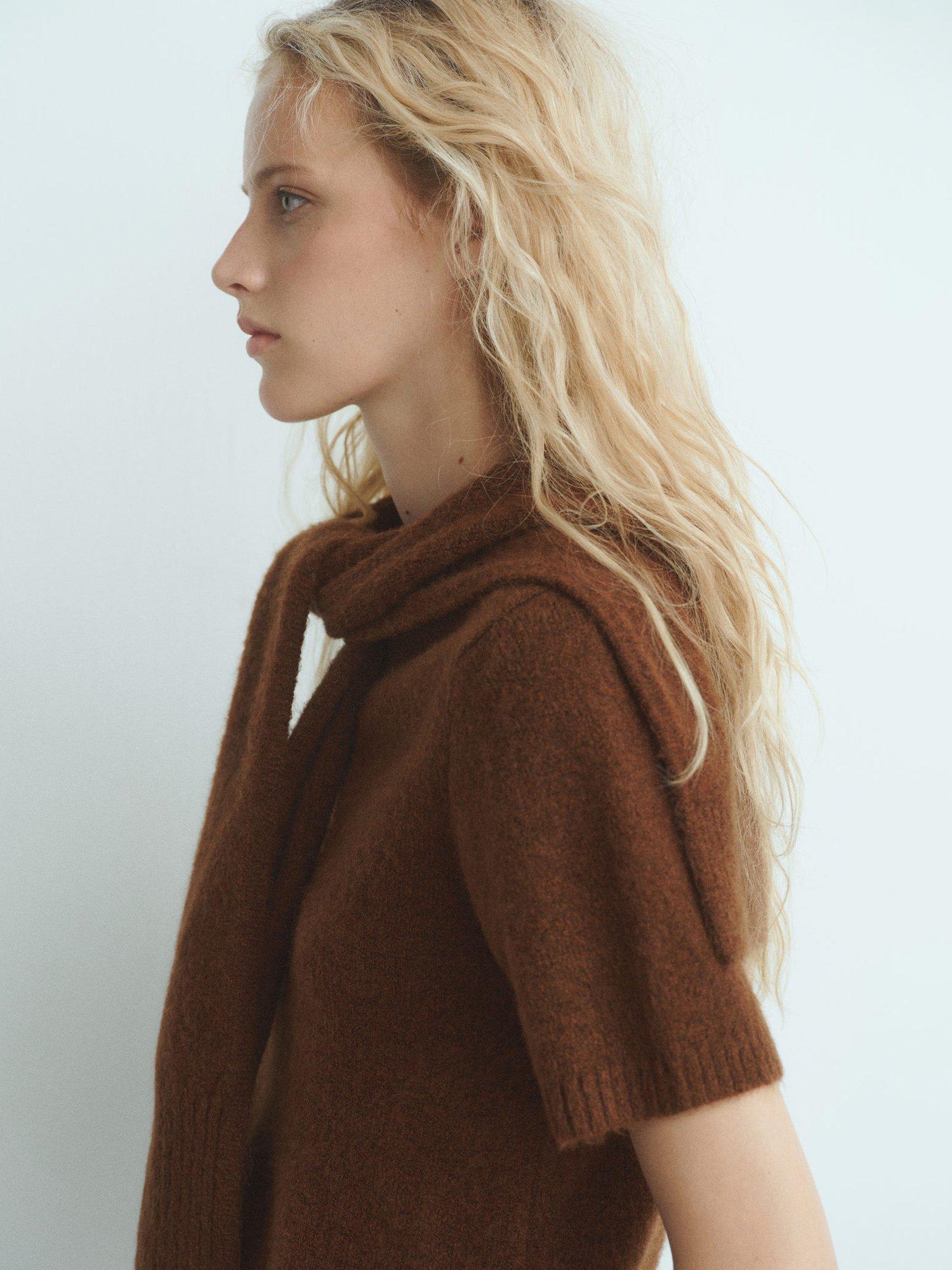 Product image 6 of 8, which shows Mango Leire Scarf Detail Jumper, Brown, XS