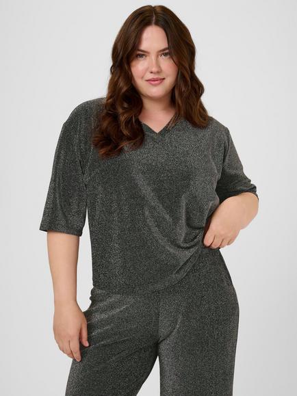 KAFFE Curve Riana Metallic V Neck T-Shirt, Silver