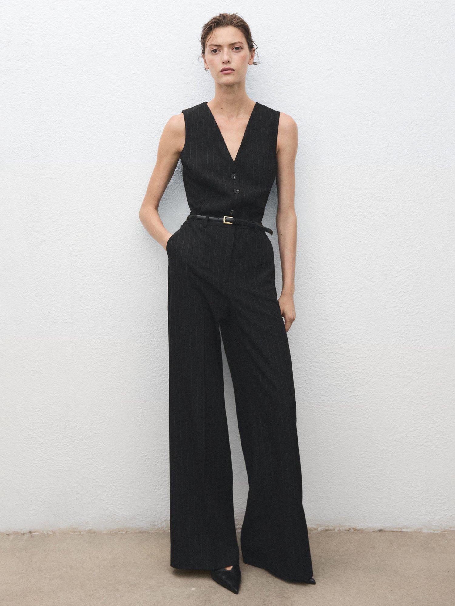 Product image 1 of 9, which shows Mango Yoli Pinstripe Tailored Jumpsuit, Navy, XXXL