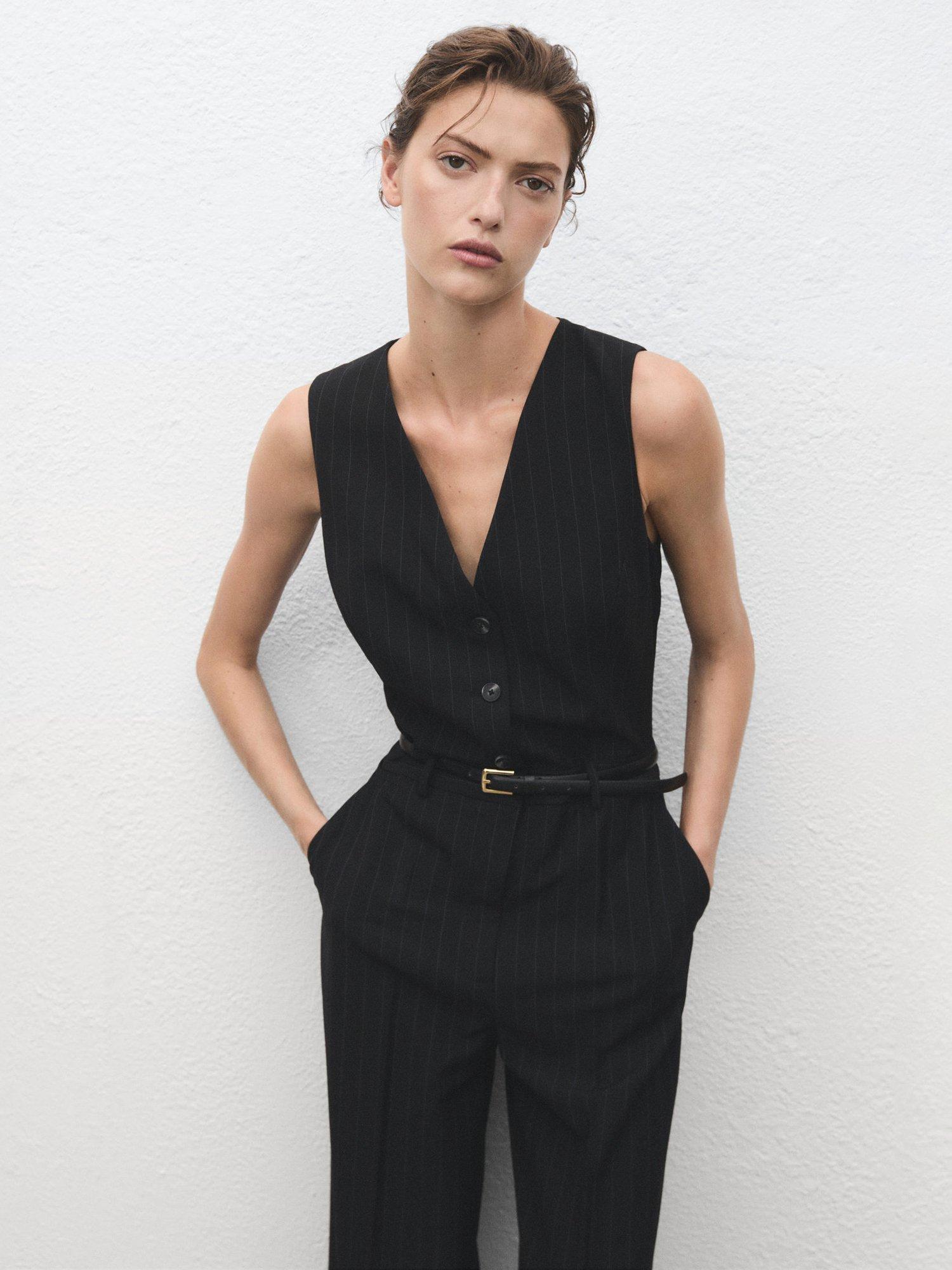 Product image 2 of 9, which shows Mango Yoli Pinstripe Tailored Jumpsuit, Navy, XXXL