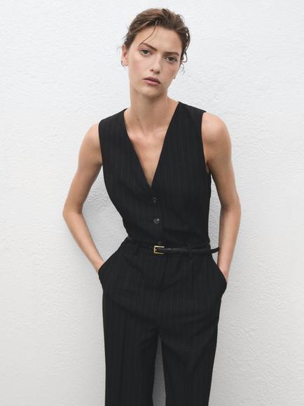 Mango Yoli Pinstripe Tailored Jumpsuit, Navy - view 2, Navy
