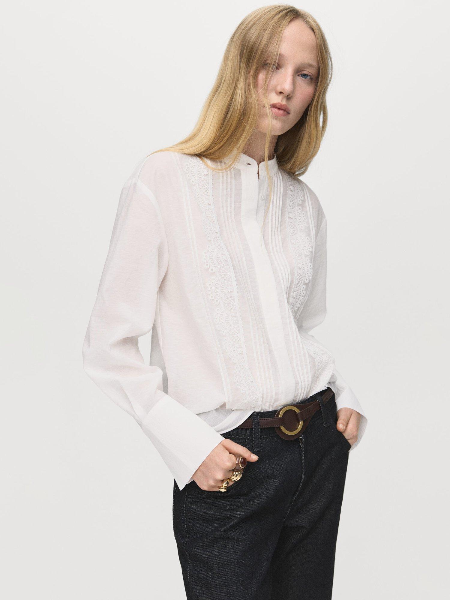 Product image 1 of 7, which shows Mango Cindy Lace Trim Shirt, Light Beige, 10