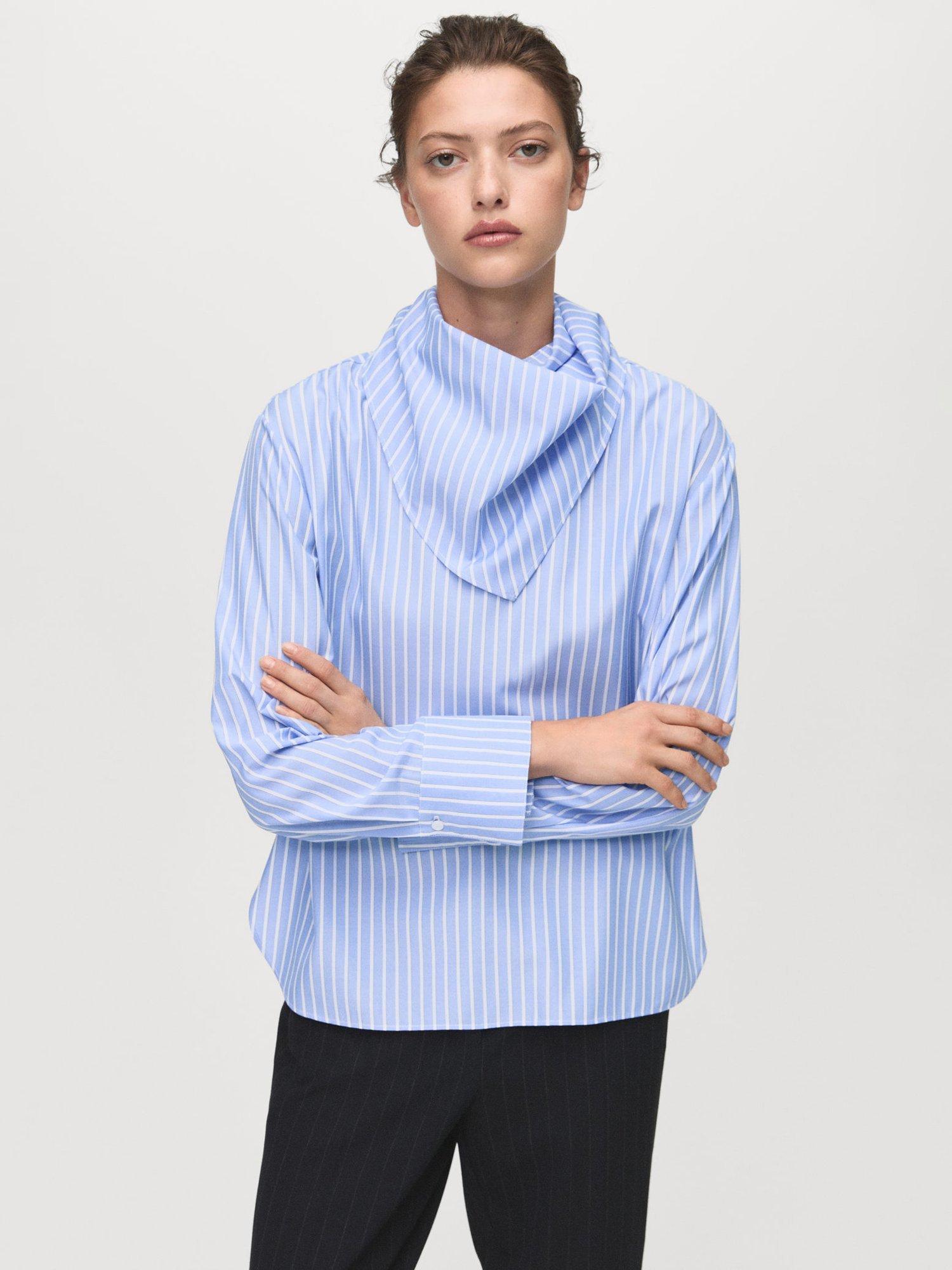 Product image 1 of 7, which shows Mango Kike Stripe Cowl Handkerchief Top, Pastel Blue, 10