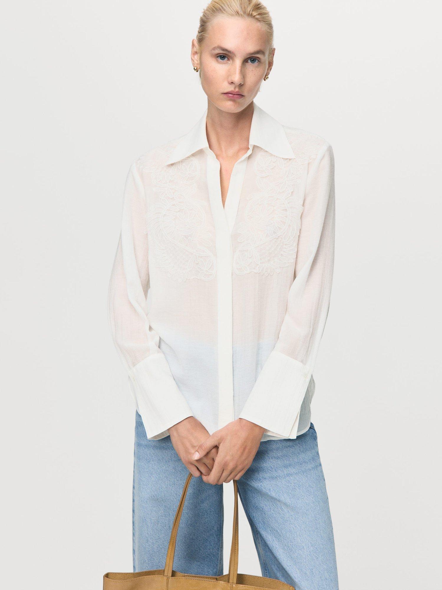 Product image 1 of 9, which shows Mango Melanie Textured Embroidered Shirt, Natural White, 10