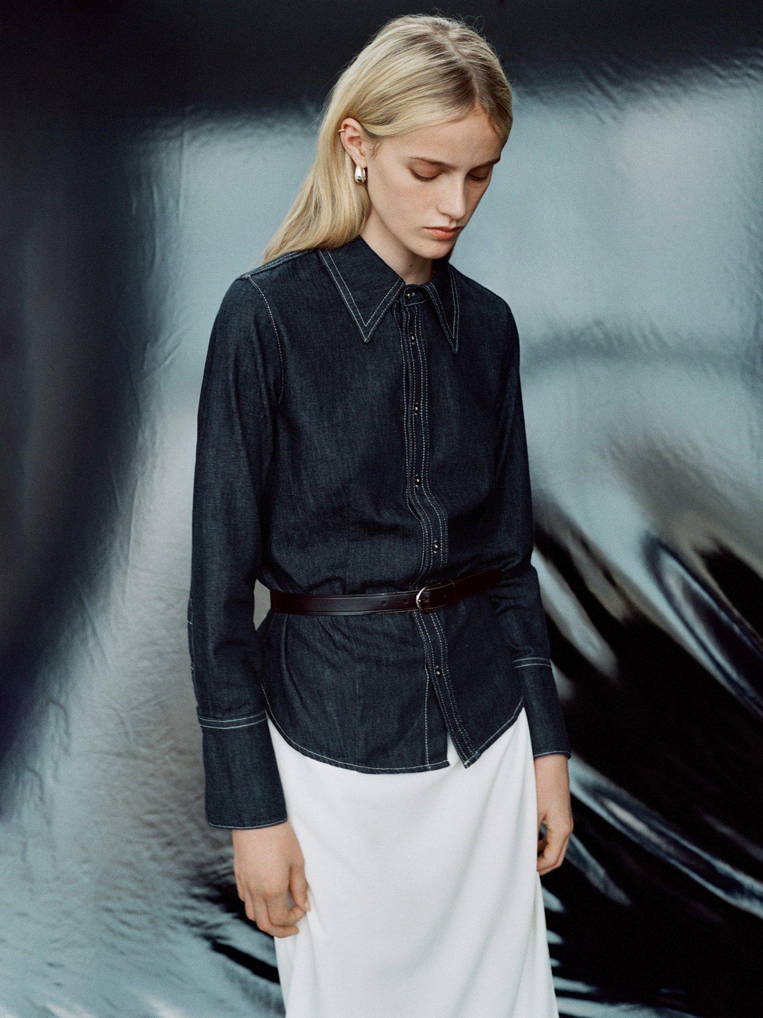 Product image 6 of 7, which shows Mango Mirabel Contrast Seam Denim Shirt, Dark Blue, 6