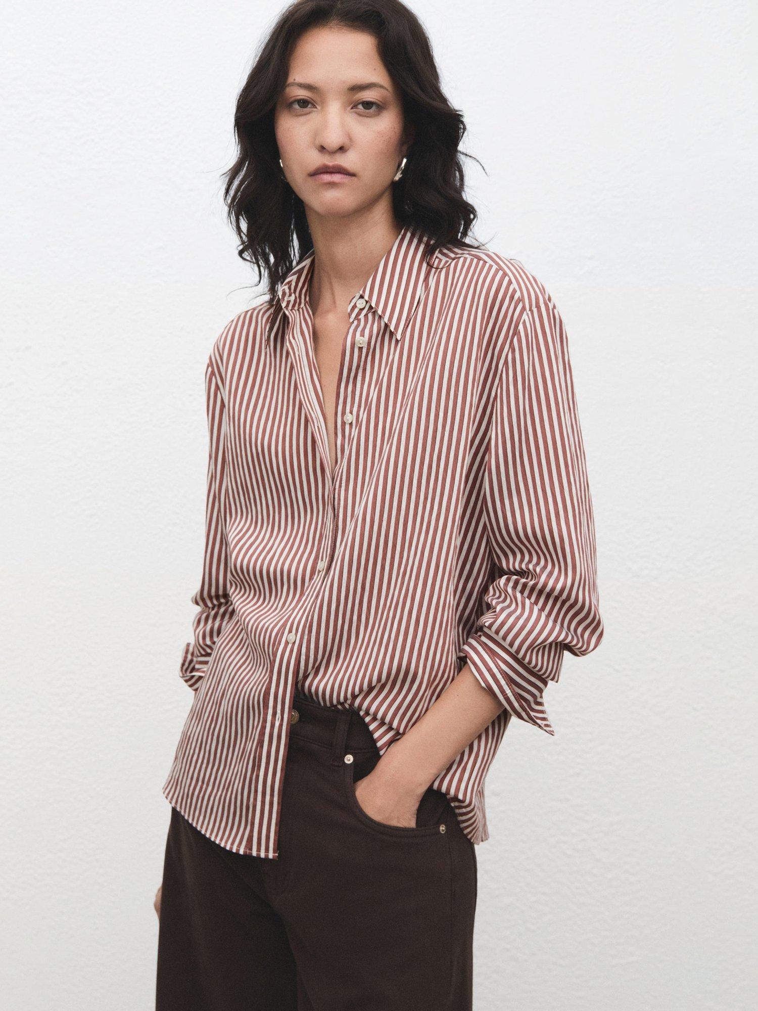Mango Zaha Stripe Long Sleeve Shirt, Brown