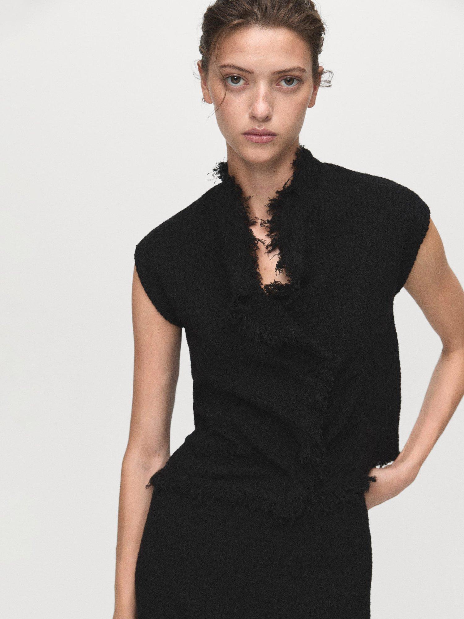 Product image 1 of 8, which shows Mango Fringed Sleeveless Top, Black, S