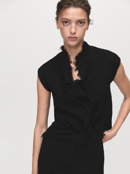 Mango Fringed Sleeveless Top, Black, Black