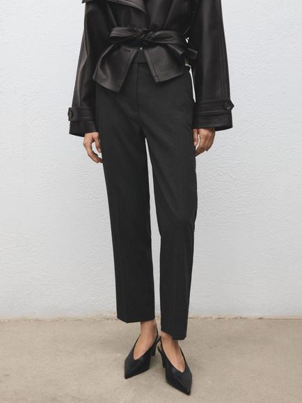 Mango Newarm Pinstripe Cropped Trousers, Grey