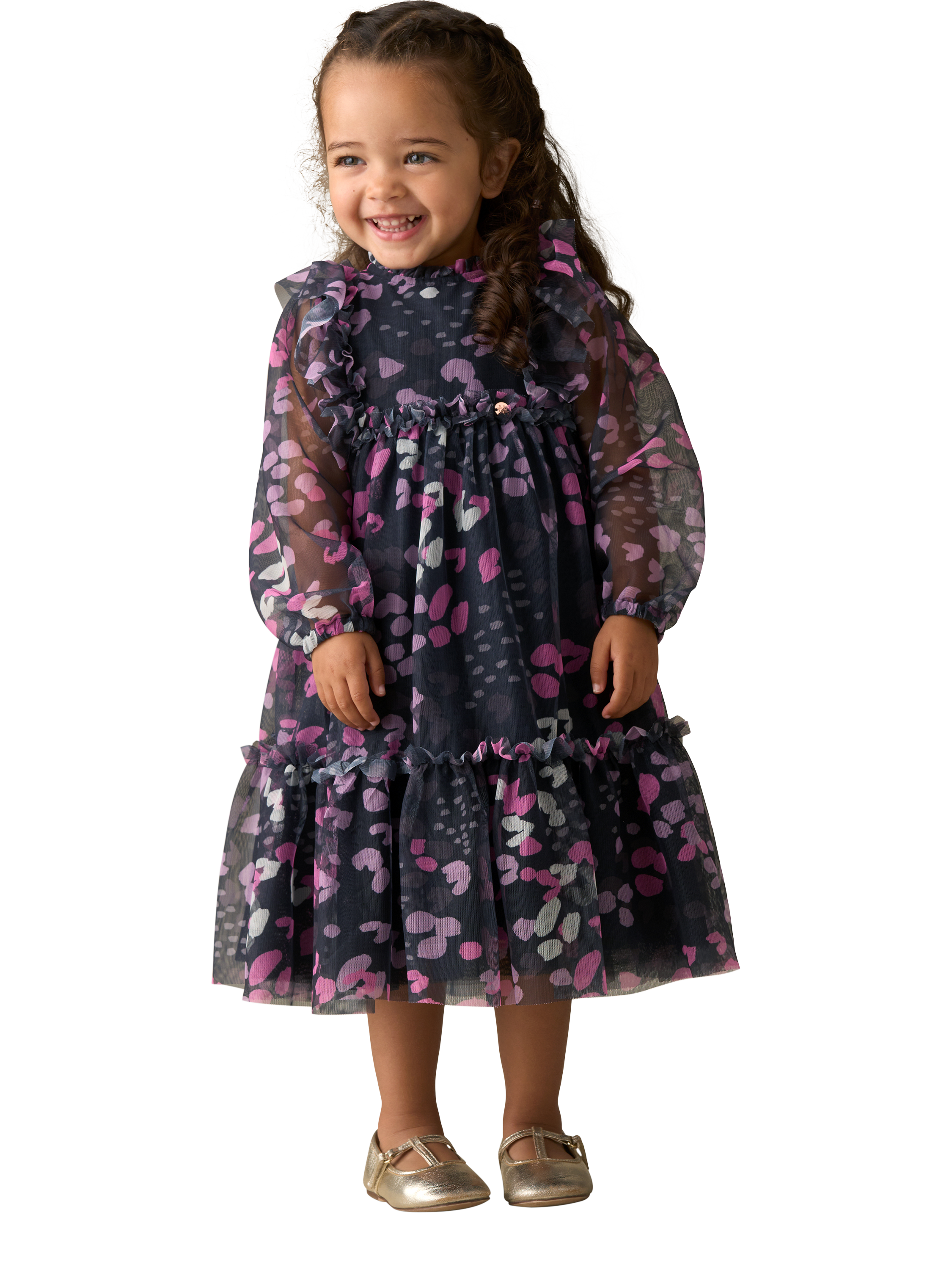 Product image 1 of 7, which shows Angel & Rocket Baby Print Mesh Dress, Navy, 3-6 months