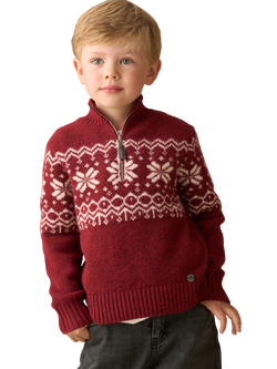 Angel & Rocket Kids' Zipped Funnel Neck Fair Isle Jumper, Burgundy, Burgundy