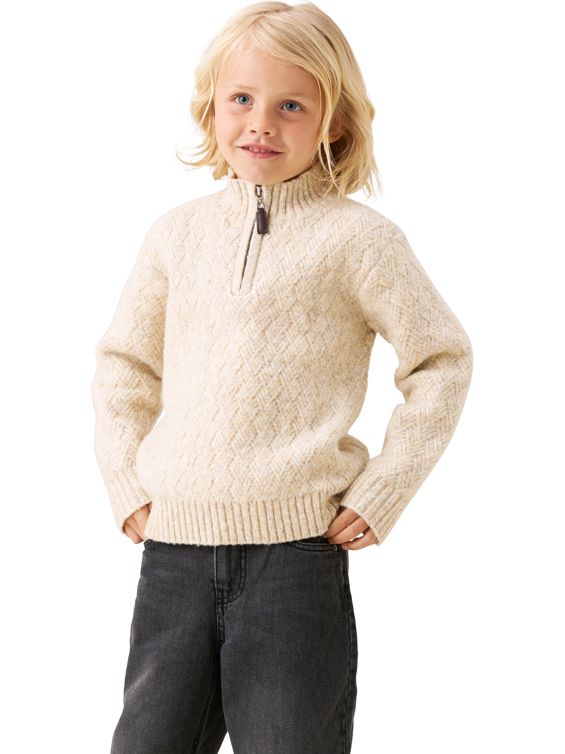 Product image 1 of 7, which shows Angel & Rocket Kids' Cable Knit Zip Neck Jumper, Stone, 3-4 years