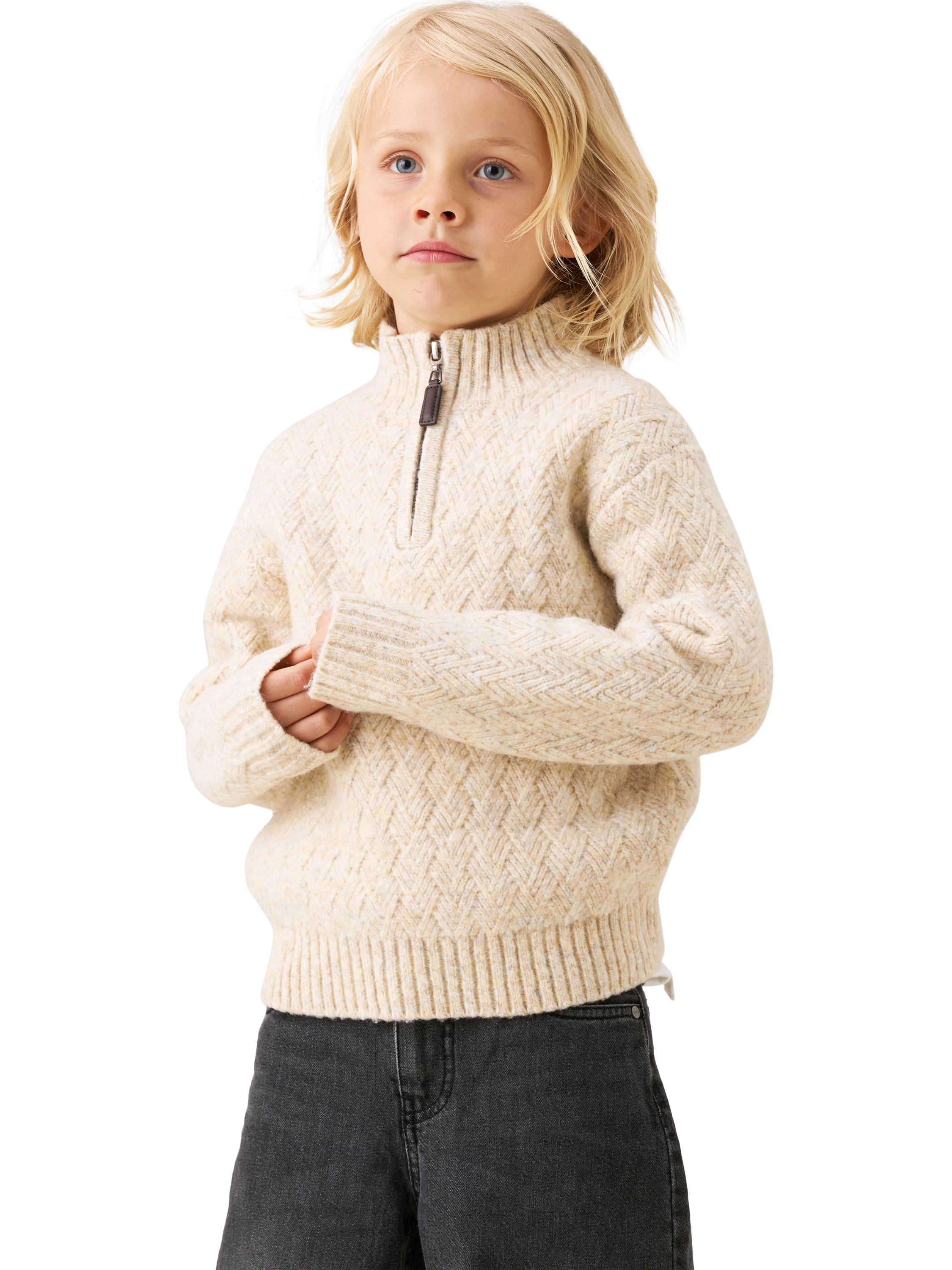 Product image 3 of 7, which shows Angel & Rocket Kids' Cable Knit Zip Neck Jumper, Stone, 3-4 years