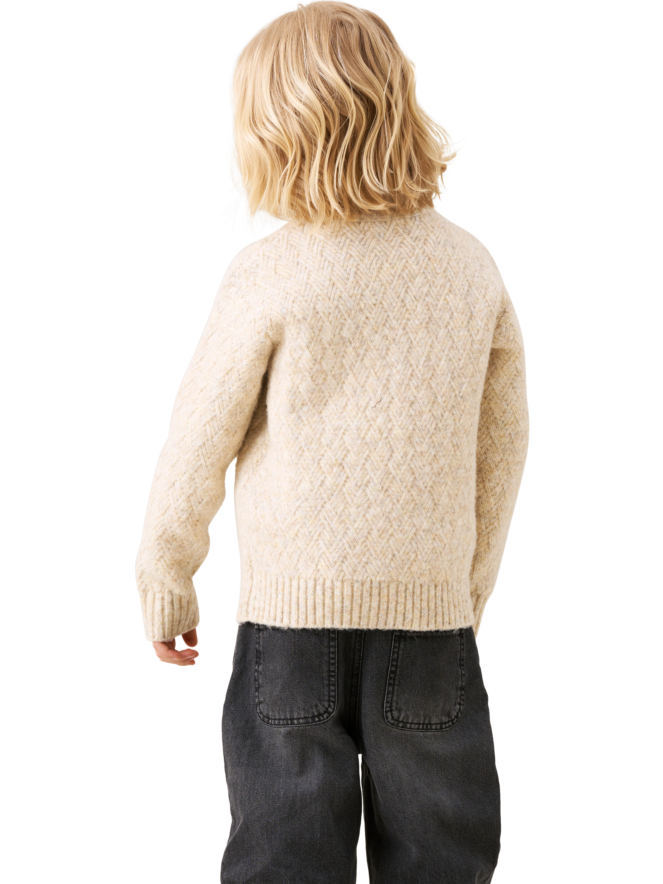 Product image 4 of 7, which shows Angel & Rocket Kids' Cable Knit Zip Neck Jumper, Stone, 3-4 years
