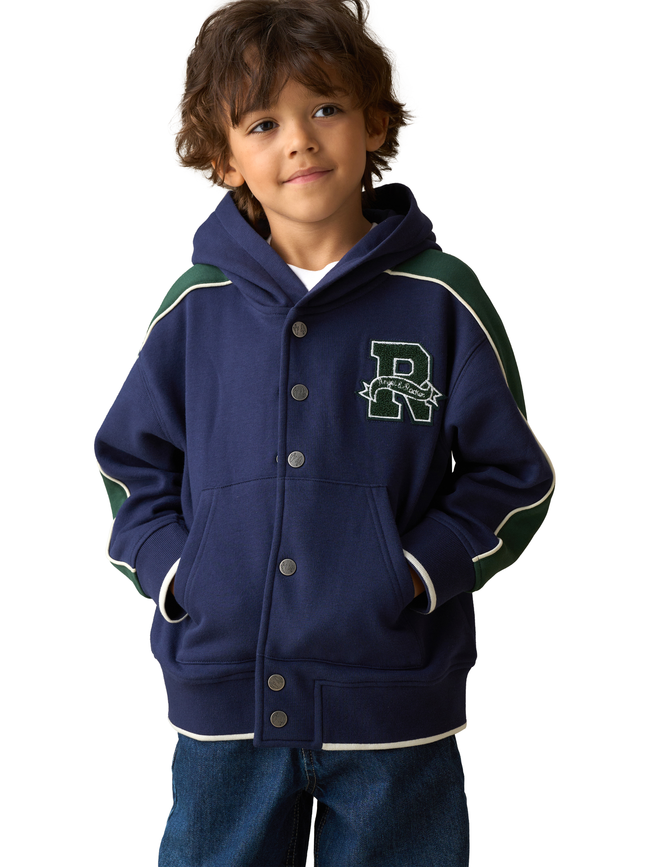 Product image 3 of 7, which shows Angel & Rocket Kids' Stud Closure Hoodie, Navy, 3-4 years
