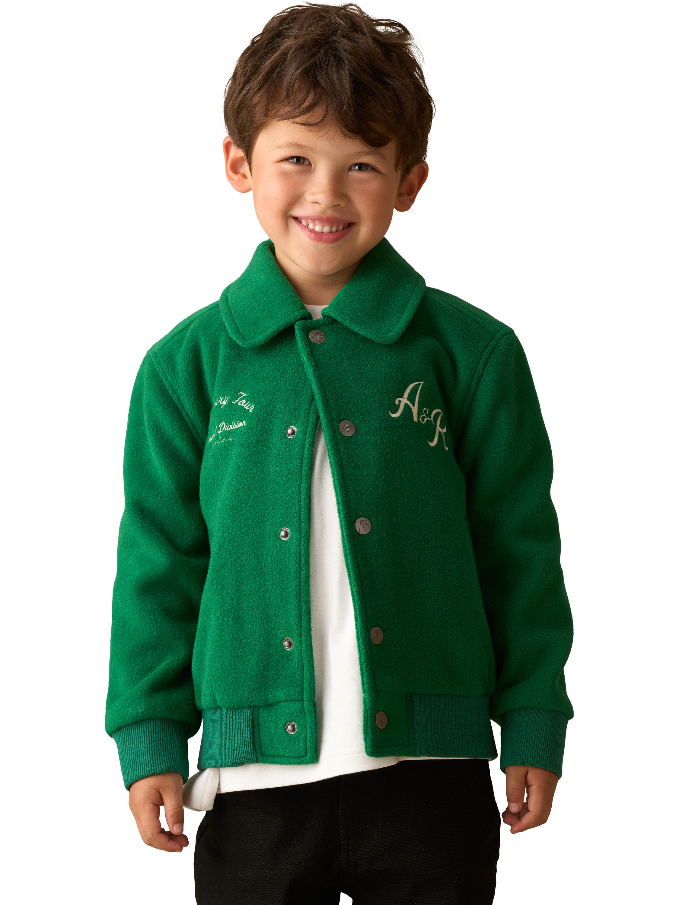 Product image 1 of 9, which shows Angel & Rocket Kids' Graphic Varsity Jacket, Green, 3 years