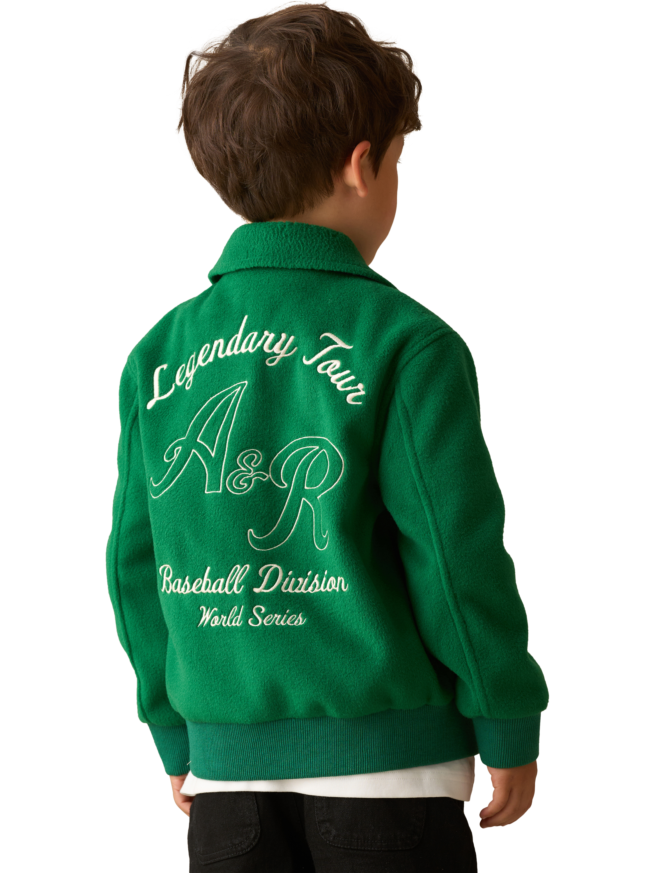 Product image 2 of 9, which shows Angel & Rocket Kids' Graphic Varsity Jacket, Green, 3 years