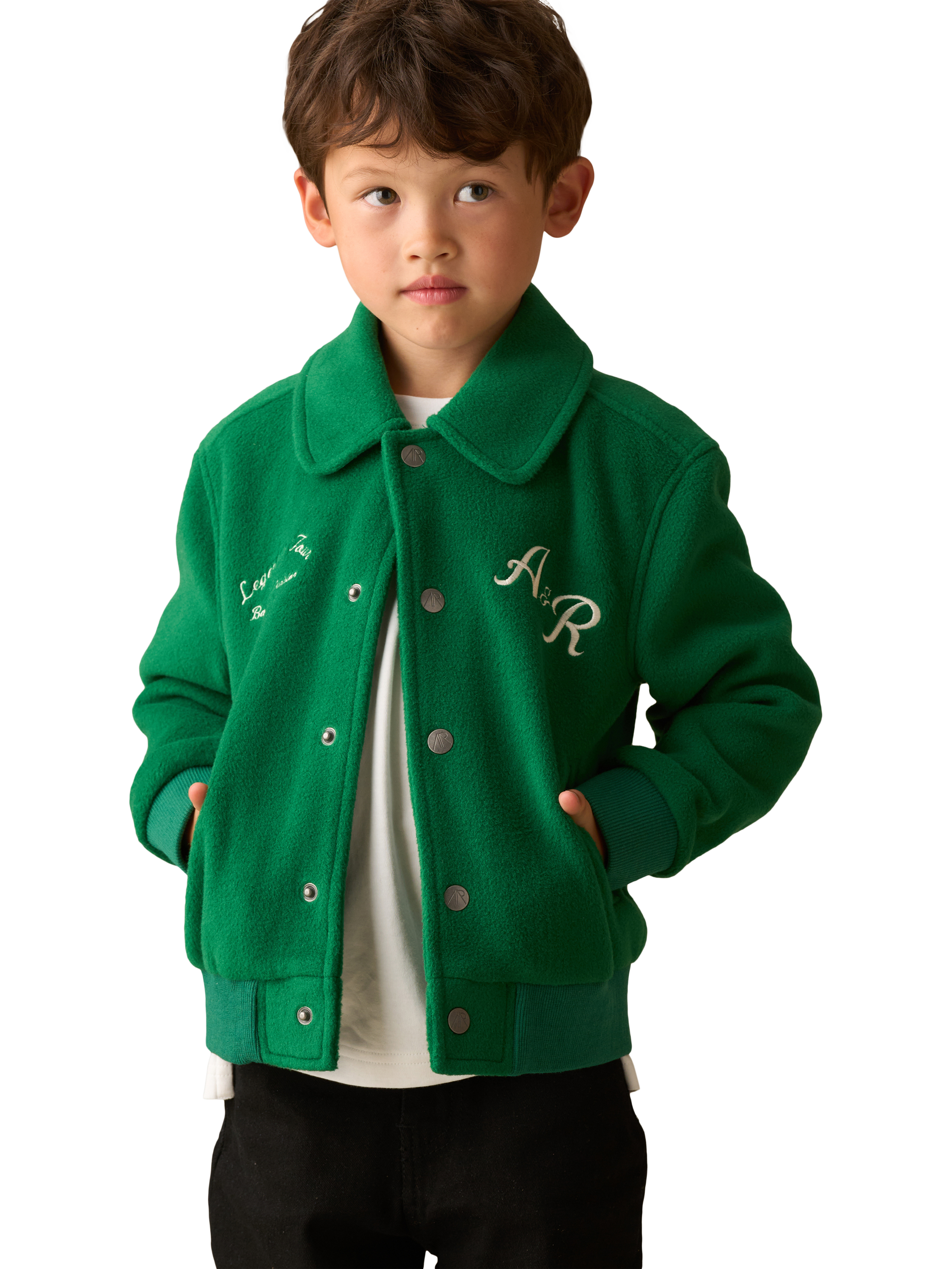 Product image 3 of 9, which shows Angel & Rocket Kids' Graphic Varsity Jacket, Green, 3 years