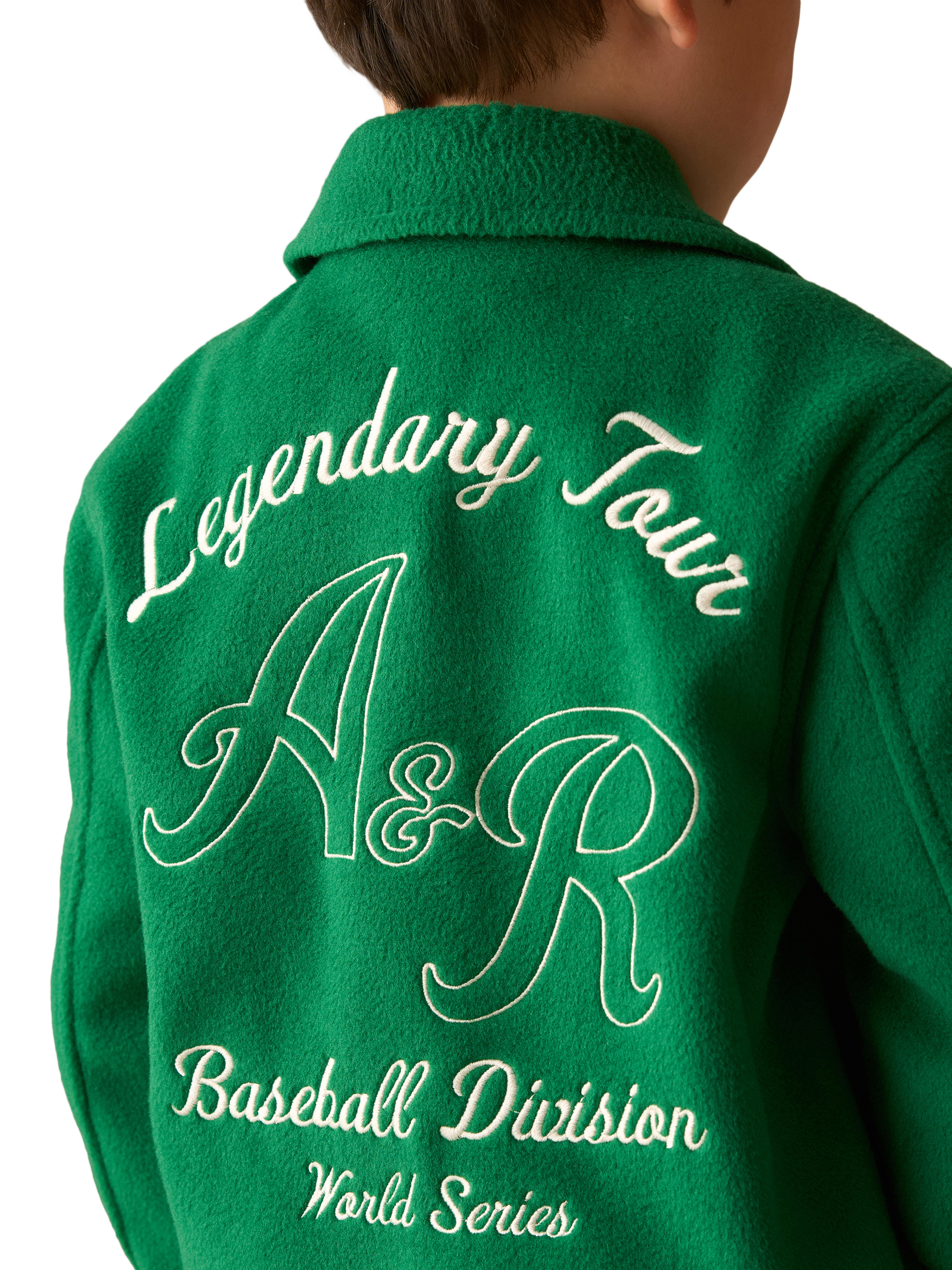 Product image 4 of 9, which shows Angel & Rocket Kids' Graphic Varsity Jacket, Green, 3 years