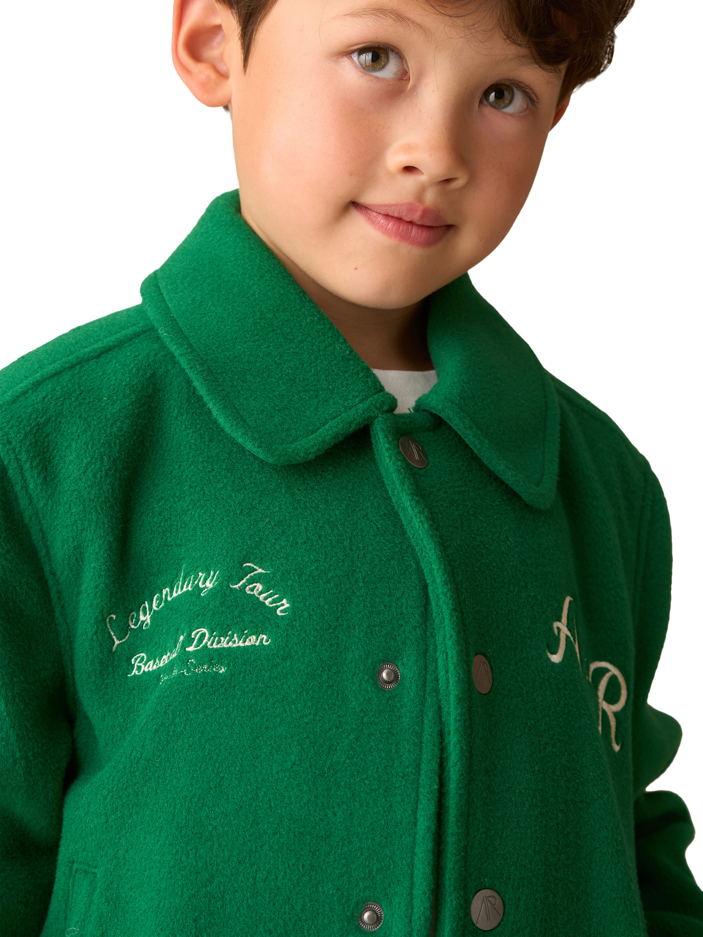 Product image 5 of 9, which shows Angel & Rocket Kids' Graphic Varsity Jacket, Green, 3 years