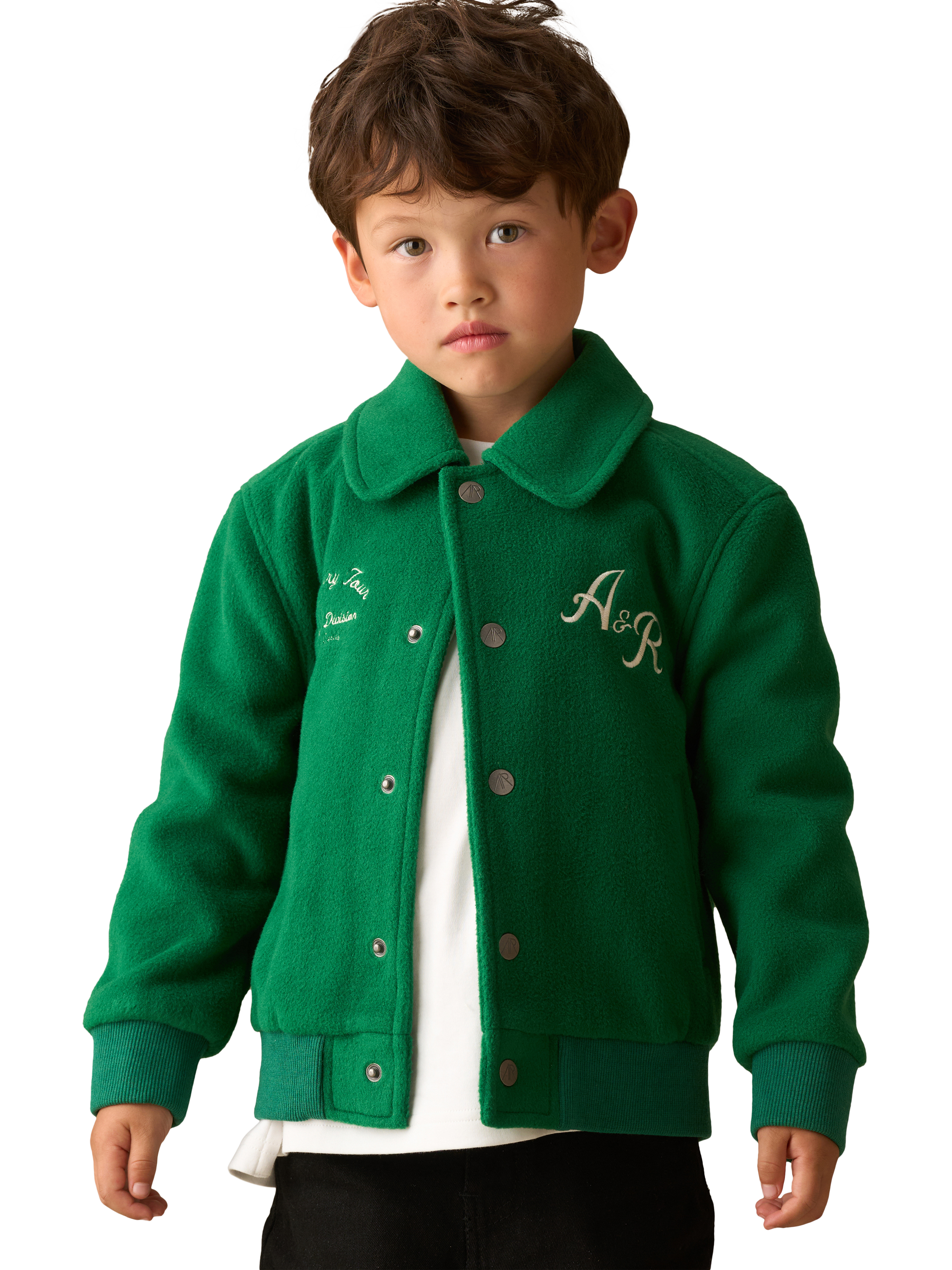 Product image 6 of 9, which shows Angel & Rocket Kids' Graphic Varsity Jacket, Green, 3 years