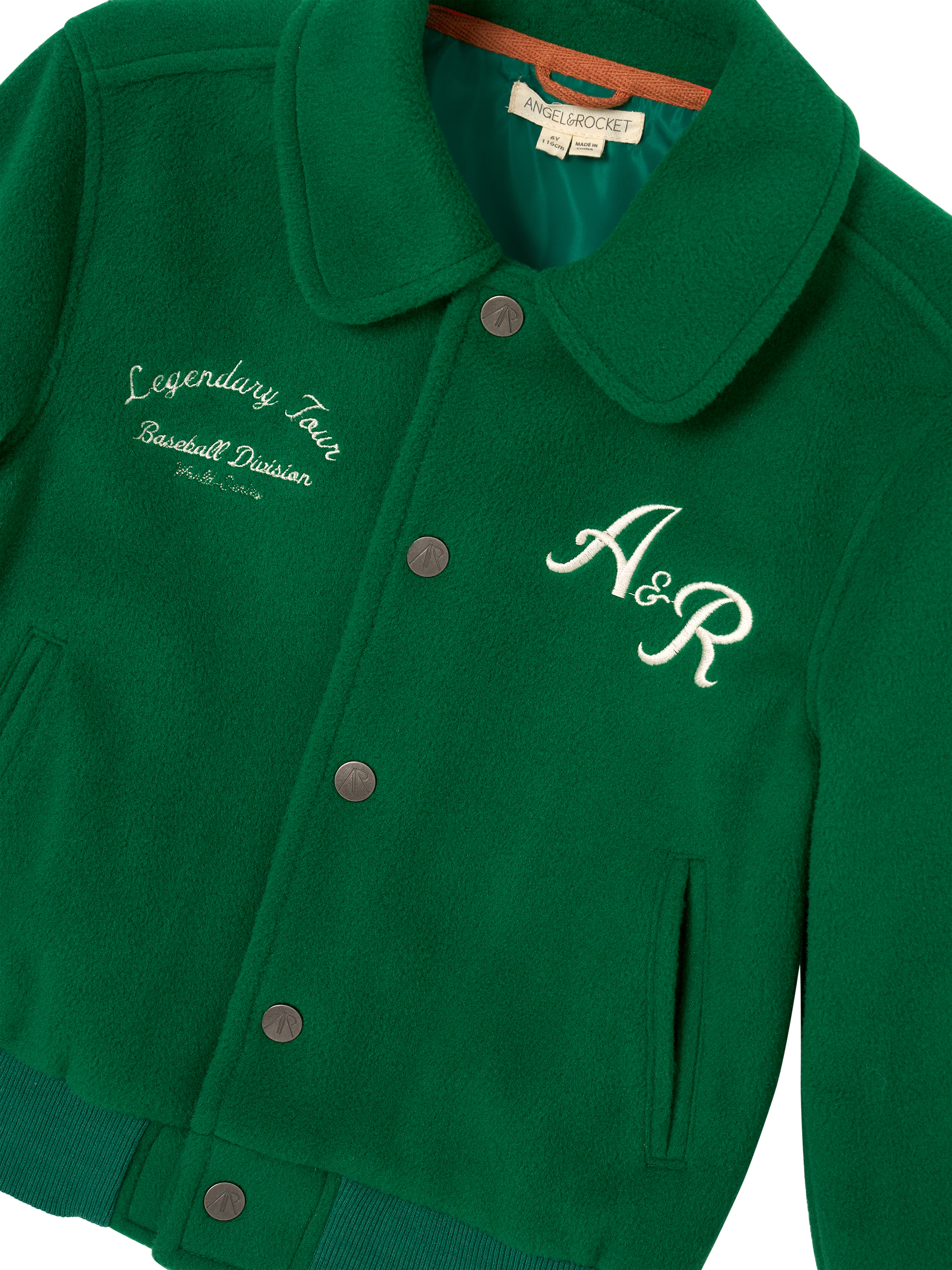 Product image 9 of 9, which shows Angel & Rocket Kids' Graphic Varsity Jacket, Green, 3 years