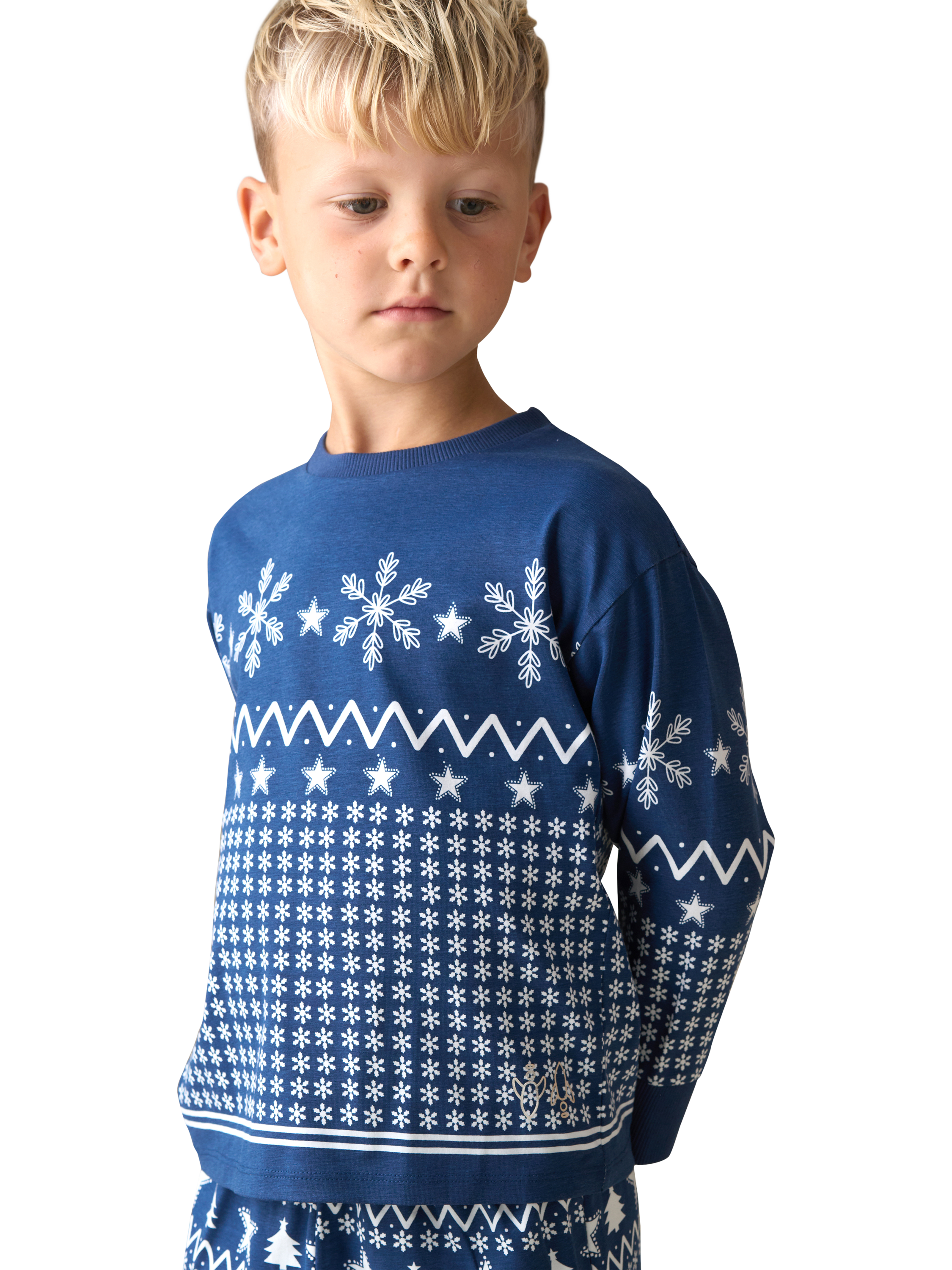 Product image 1 of 9, which shows Angel & Rocket Kids' Cotton Blend Fairisle Pyjamas, Navy, 3 years