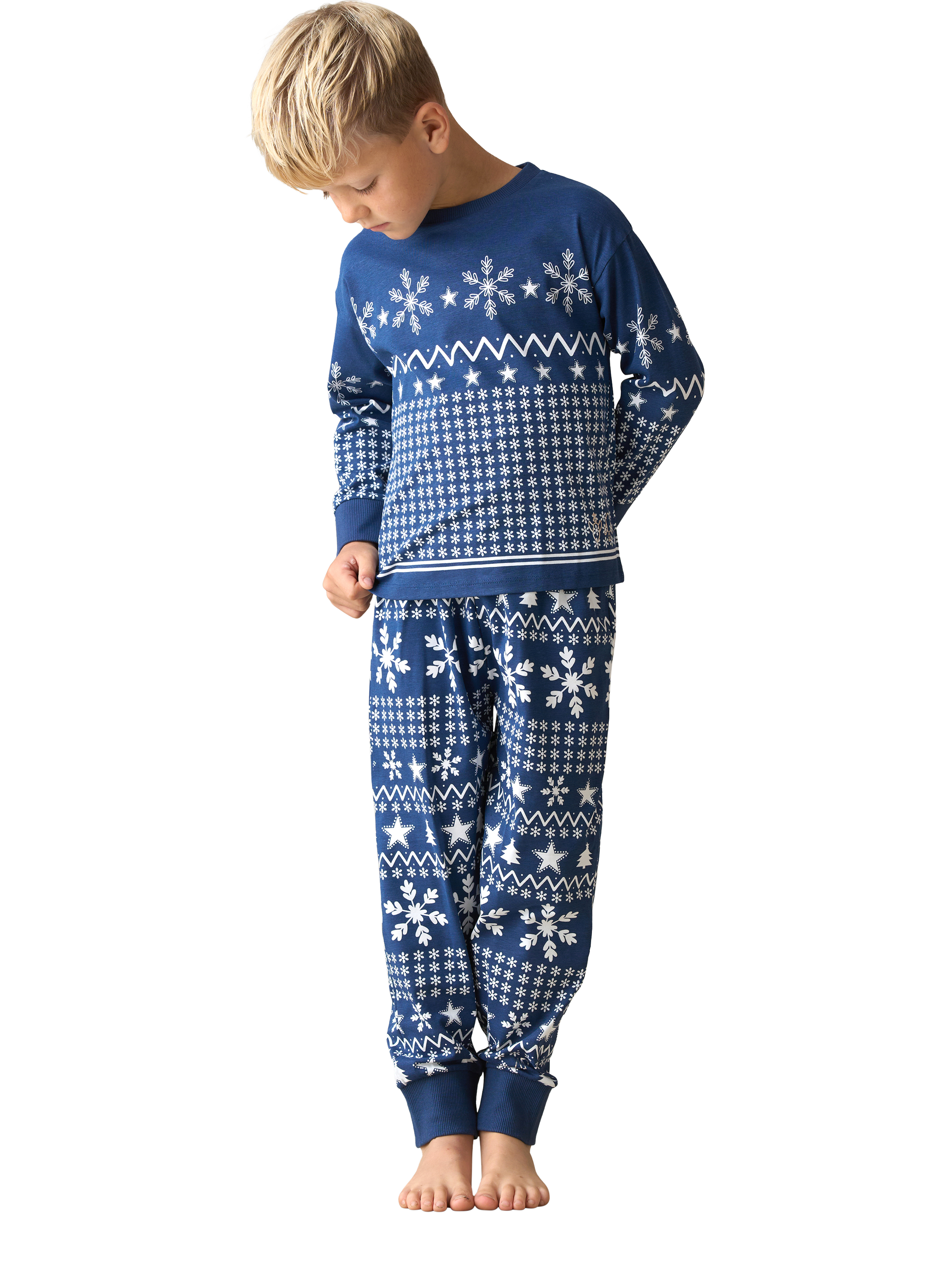 Product image 2 of 9, which shows Angel & Rocket Kids' Cotton Blend Fairisle Pyjamas, Navy, 3 years