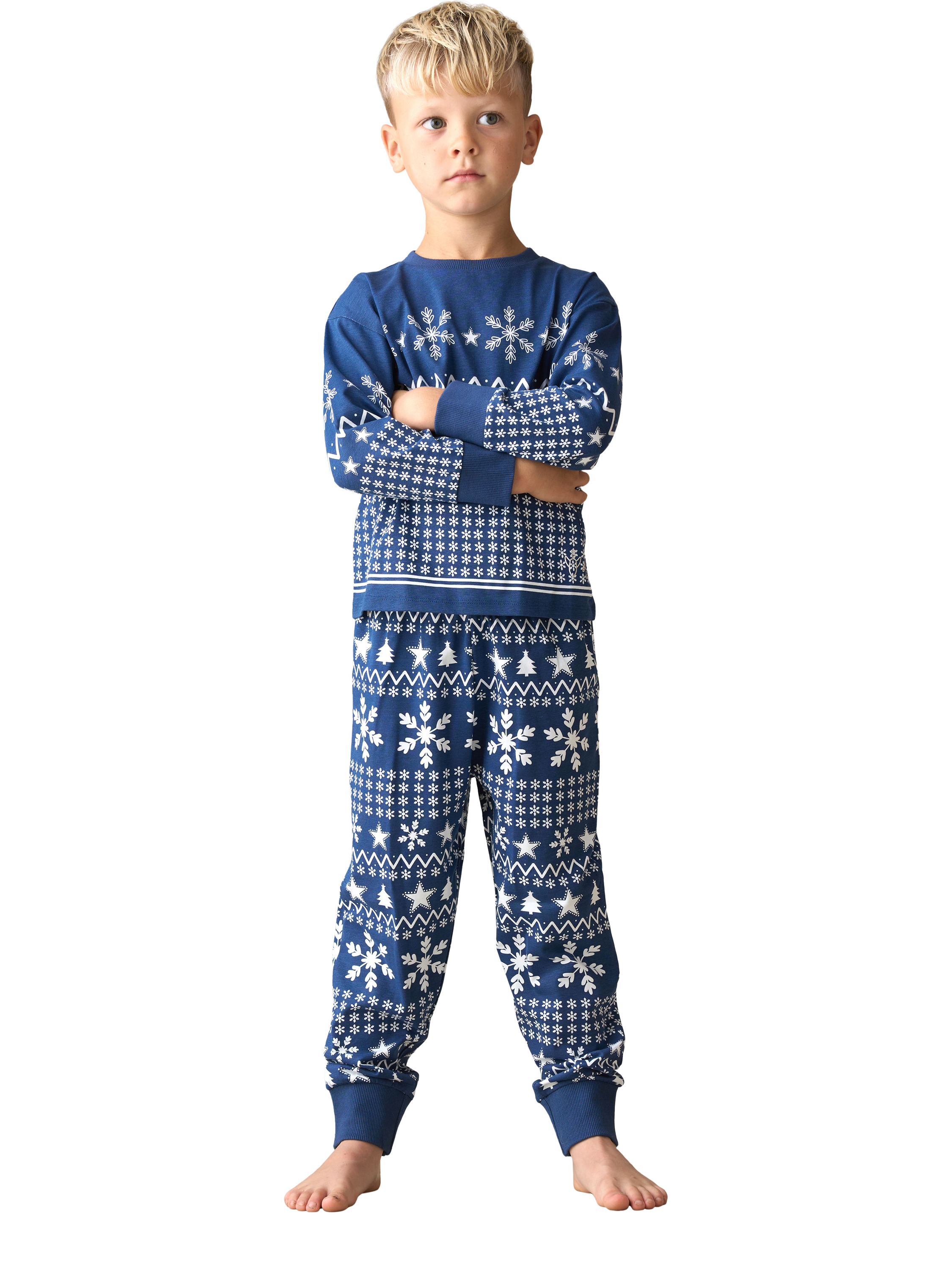 Product image 4 of 9, which shows Angel & Rocket Kids' Cotton Blend Fairisle Pyjamas, Navy, 3 years