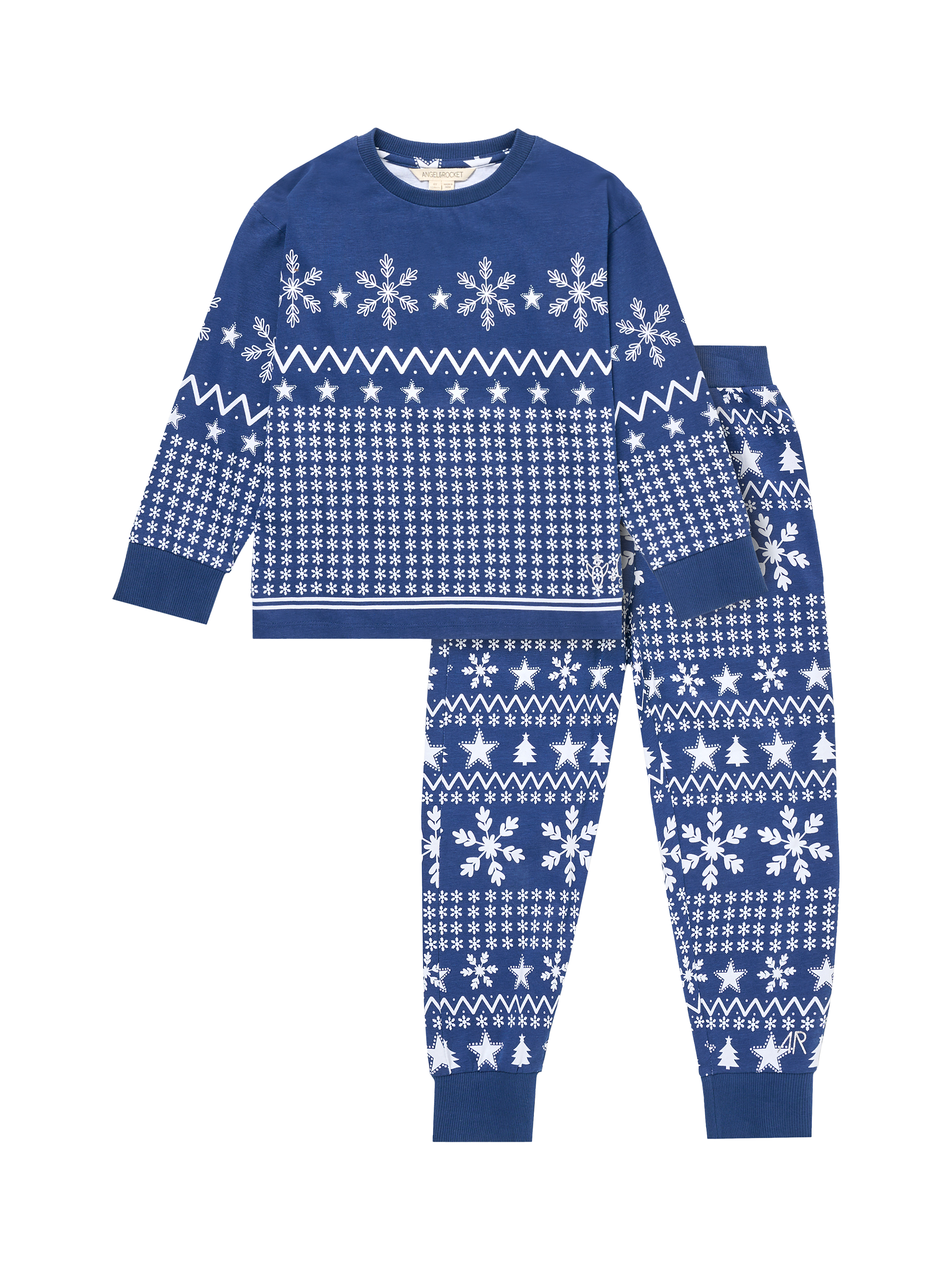Product image 6 of 9, which shows Angel & Rocket Kids' Cotton Blend Fairisle Pyjamas, Navy, 3 years