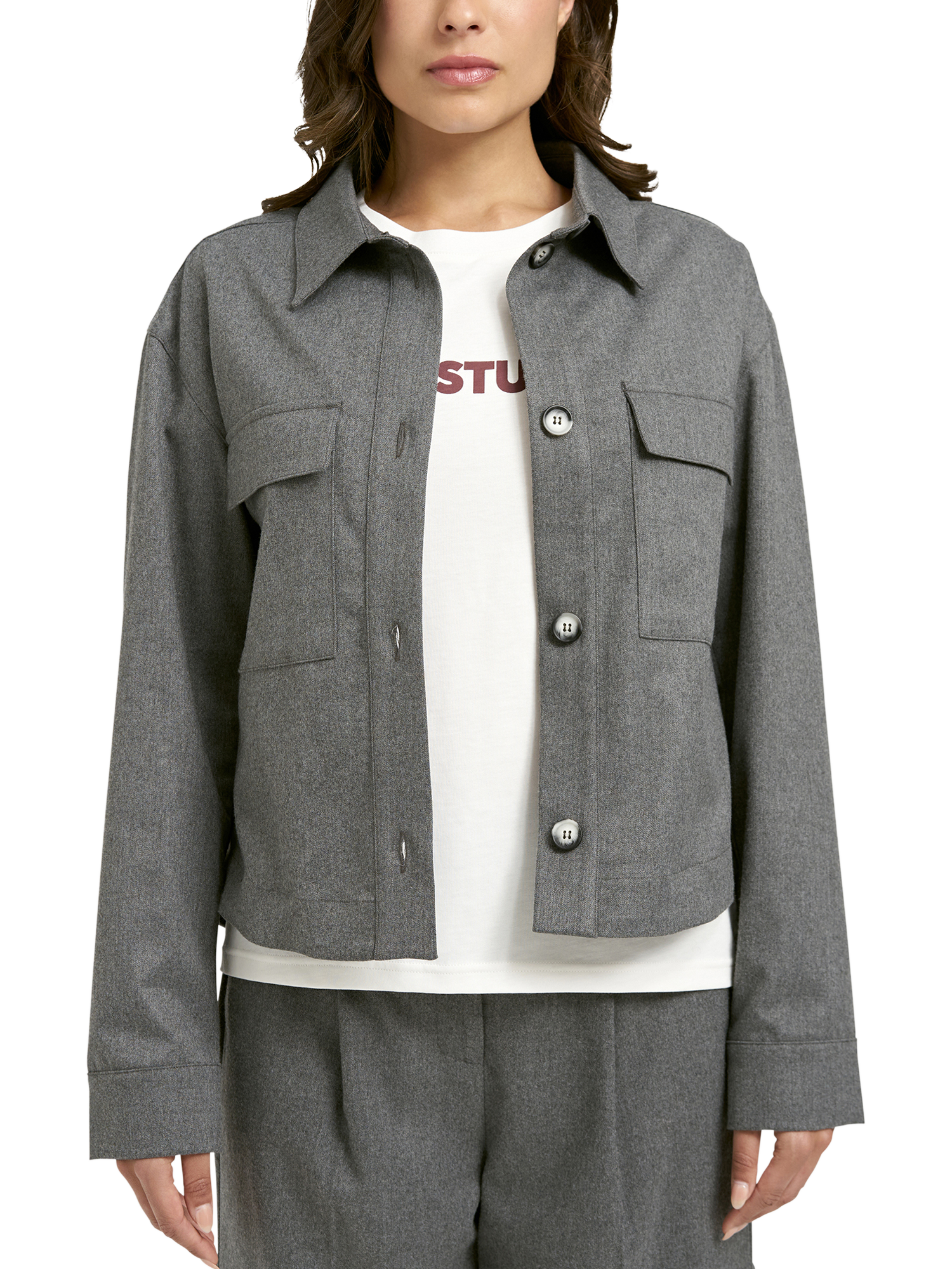 Product image 1 of 6, which shows Smith & Soul Boxy Cropped Cargo Jacket, Grey Melange, XS