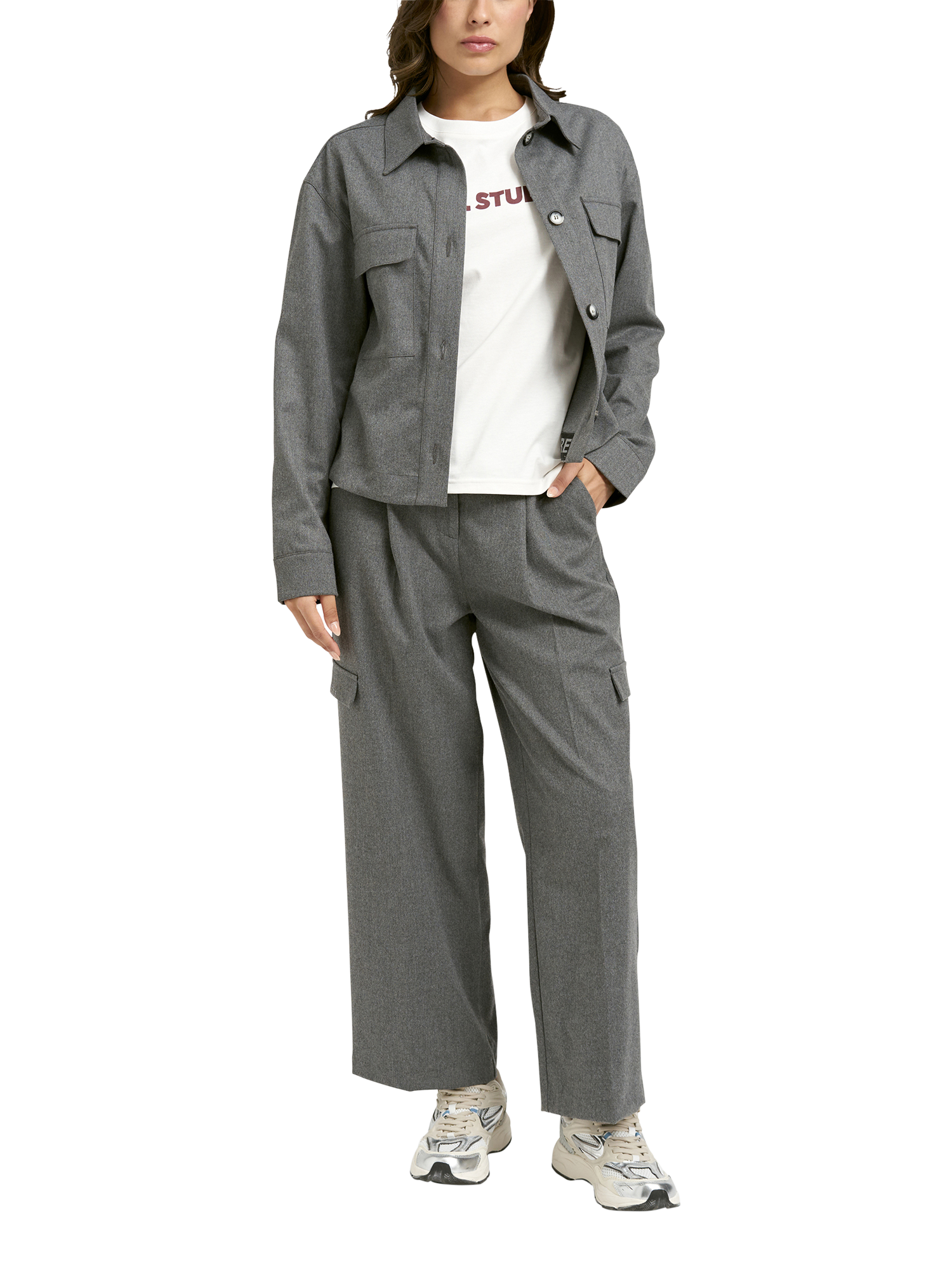 Product image 3 of 6, which shows Smith & Soul Boxy Cropped Cargo Jacket, Grey Melange, XS