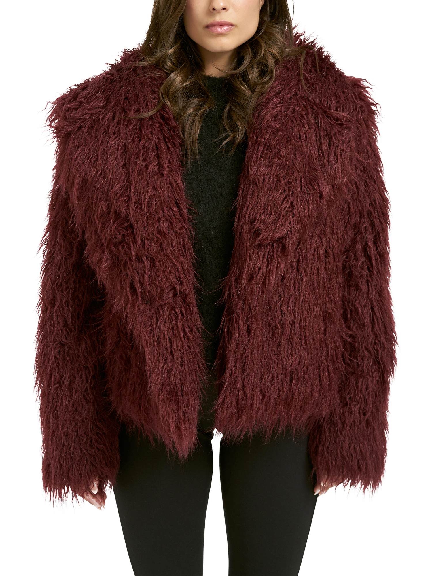 Product image 1 of 6, which shows Smith & Soul Oversized Faux Fur Jacket, Bordeaux, XS