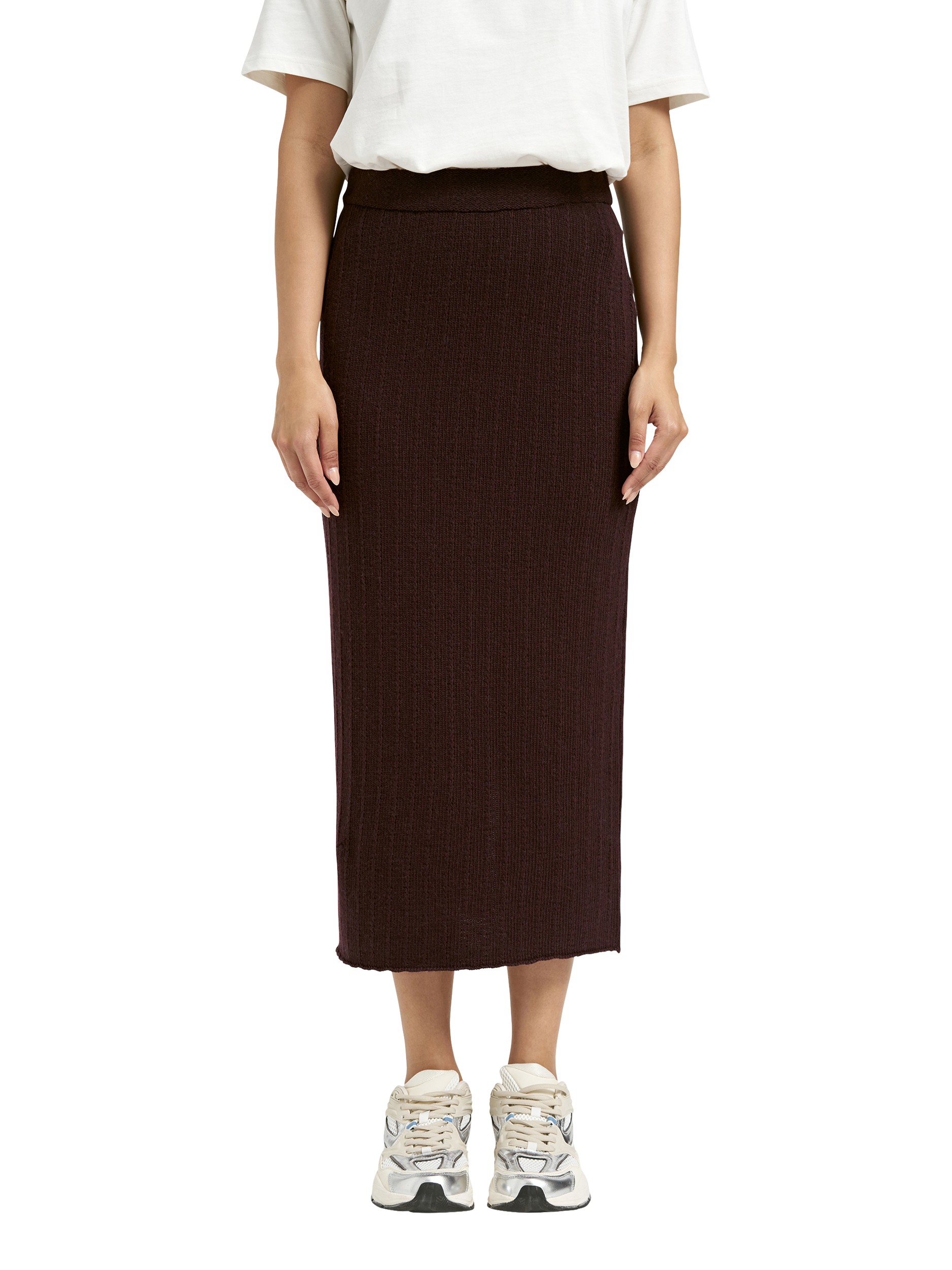 Product image 1 of 5, which shows Smith & Soul Self Stripe Knit Midi Skirt, Plum, XS