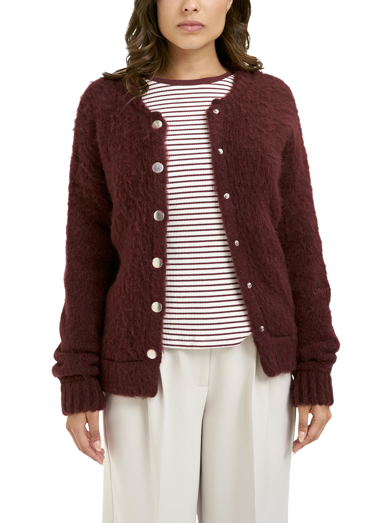 Product image 1 of 6, which shows Smith & Soul Textured Bomber Cardigan, Bordeaux, XS