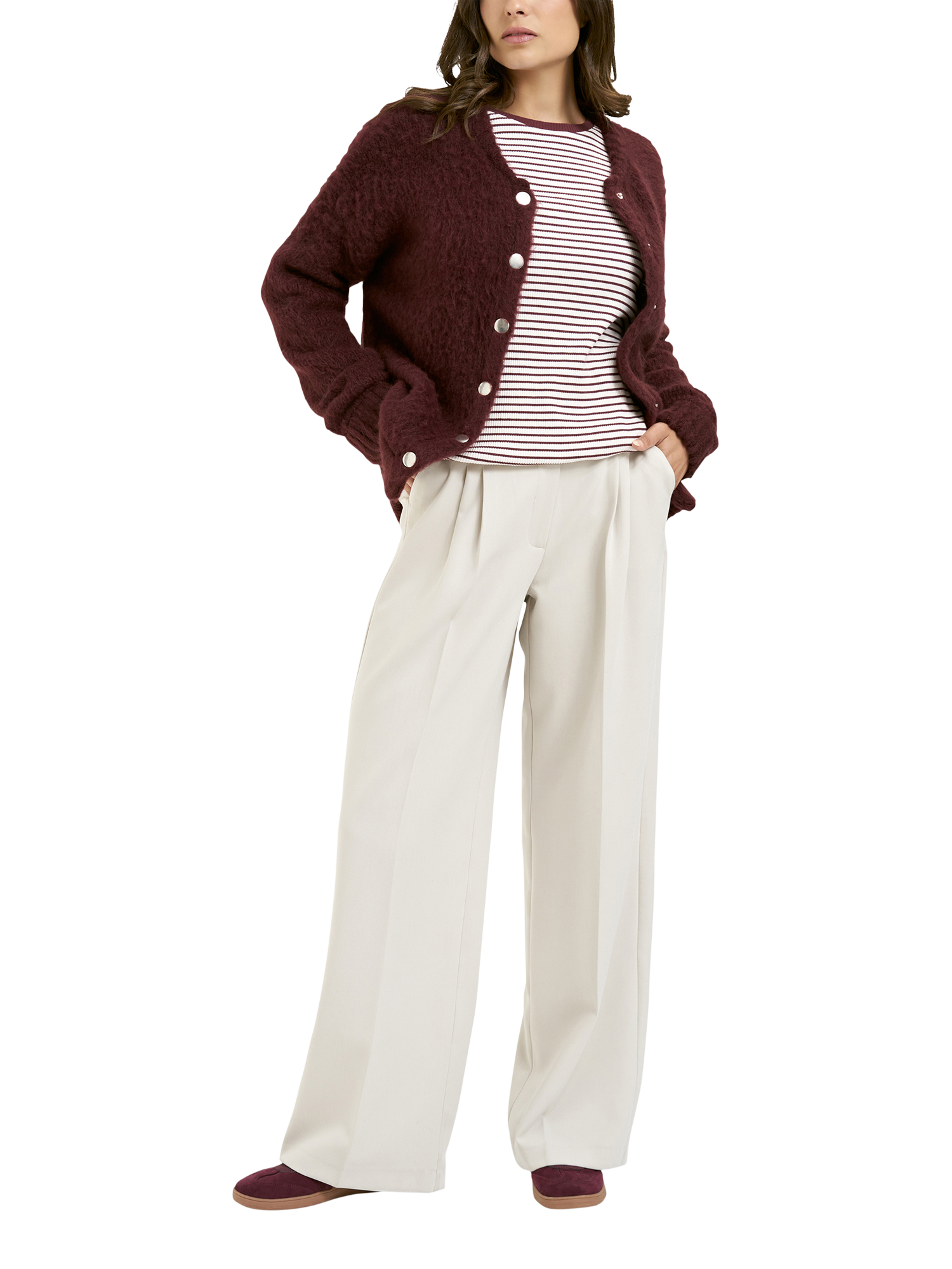 Product image 3 of 6, which shows Smith & Soul Textured Bomber Cardigan, Bordeaux, XS