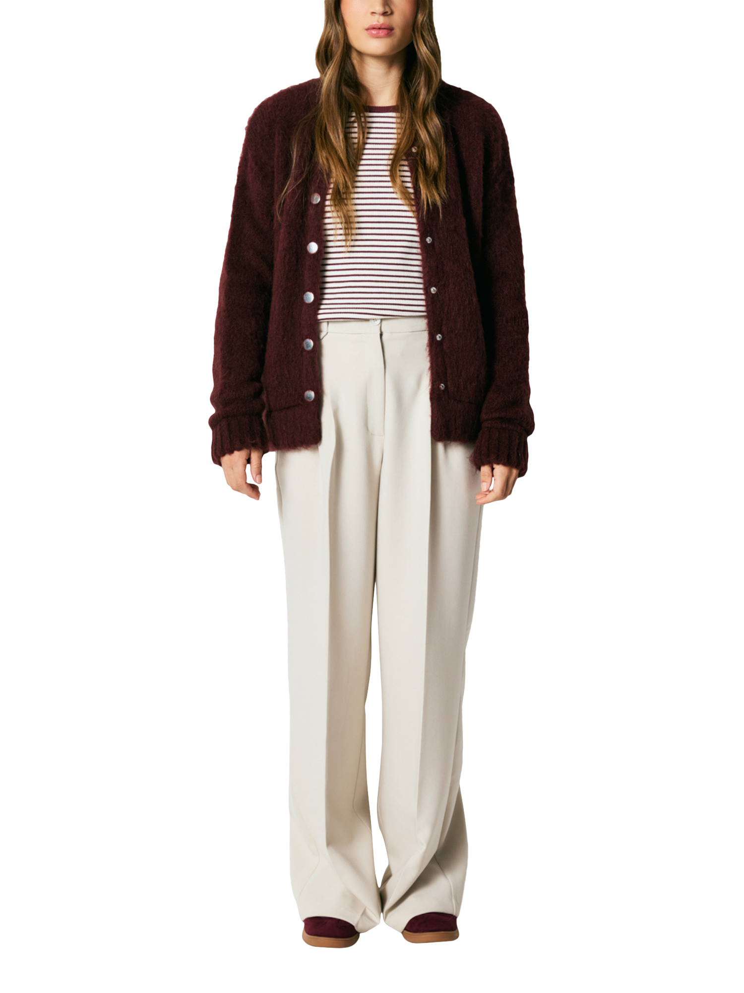 Product image 5 of 6, which shows Smith & Soul Textured Bomber Cardigan, Bordeaux, XS