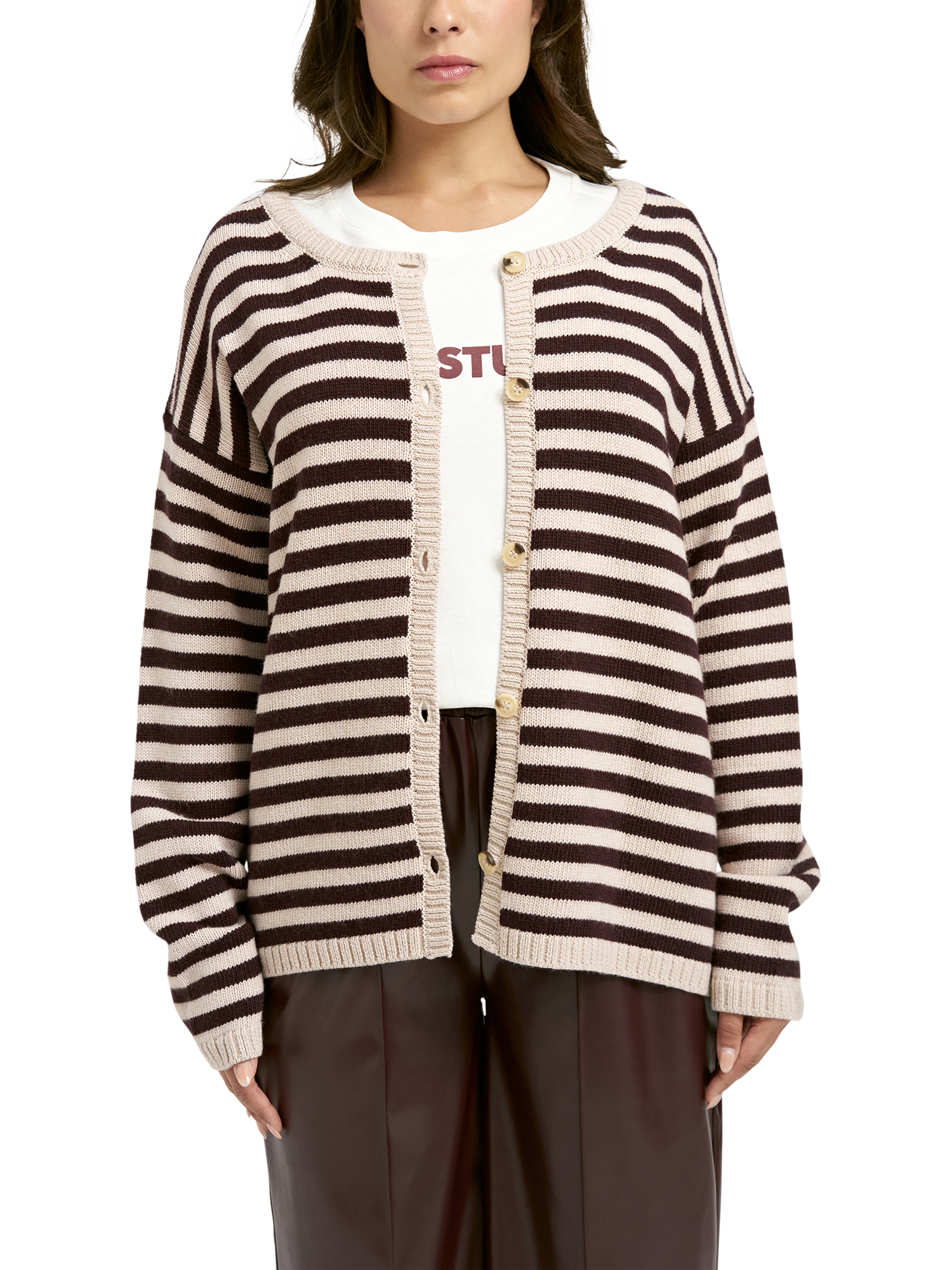 Product image 1 of 6, which shows Smith & Soul Stripe Round Neck Cardigan, Bordeaux Print, XS