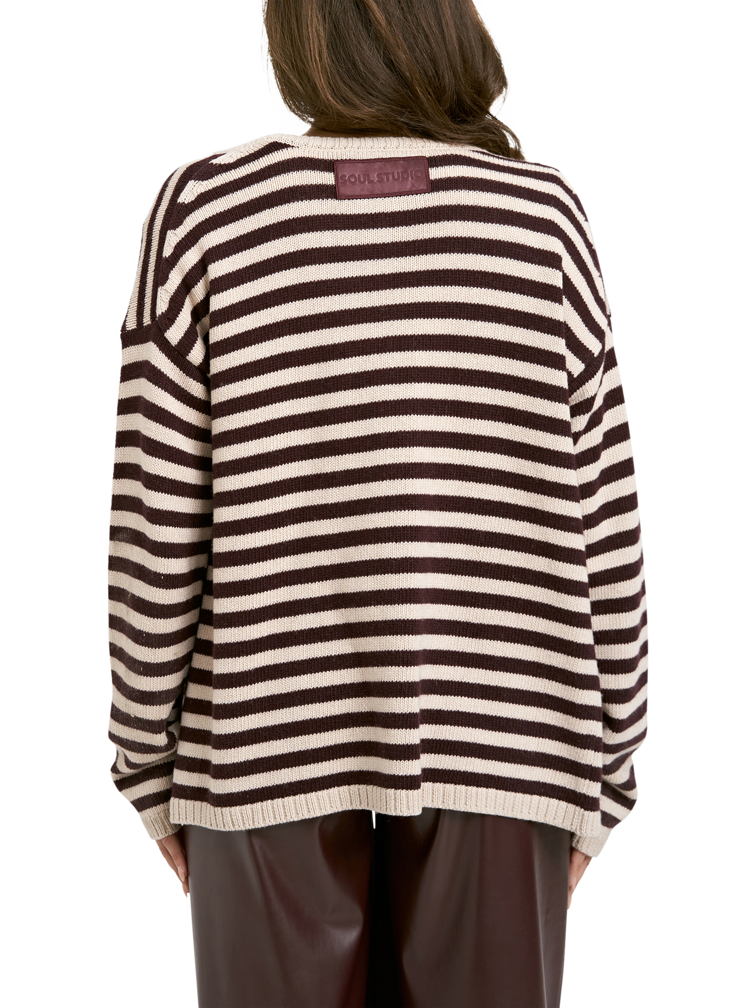 Product image 2 of 6, which shows Smith & Soul Stripe Round Neck Cardigan, Bordeaux Print, XS