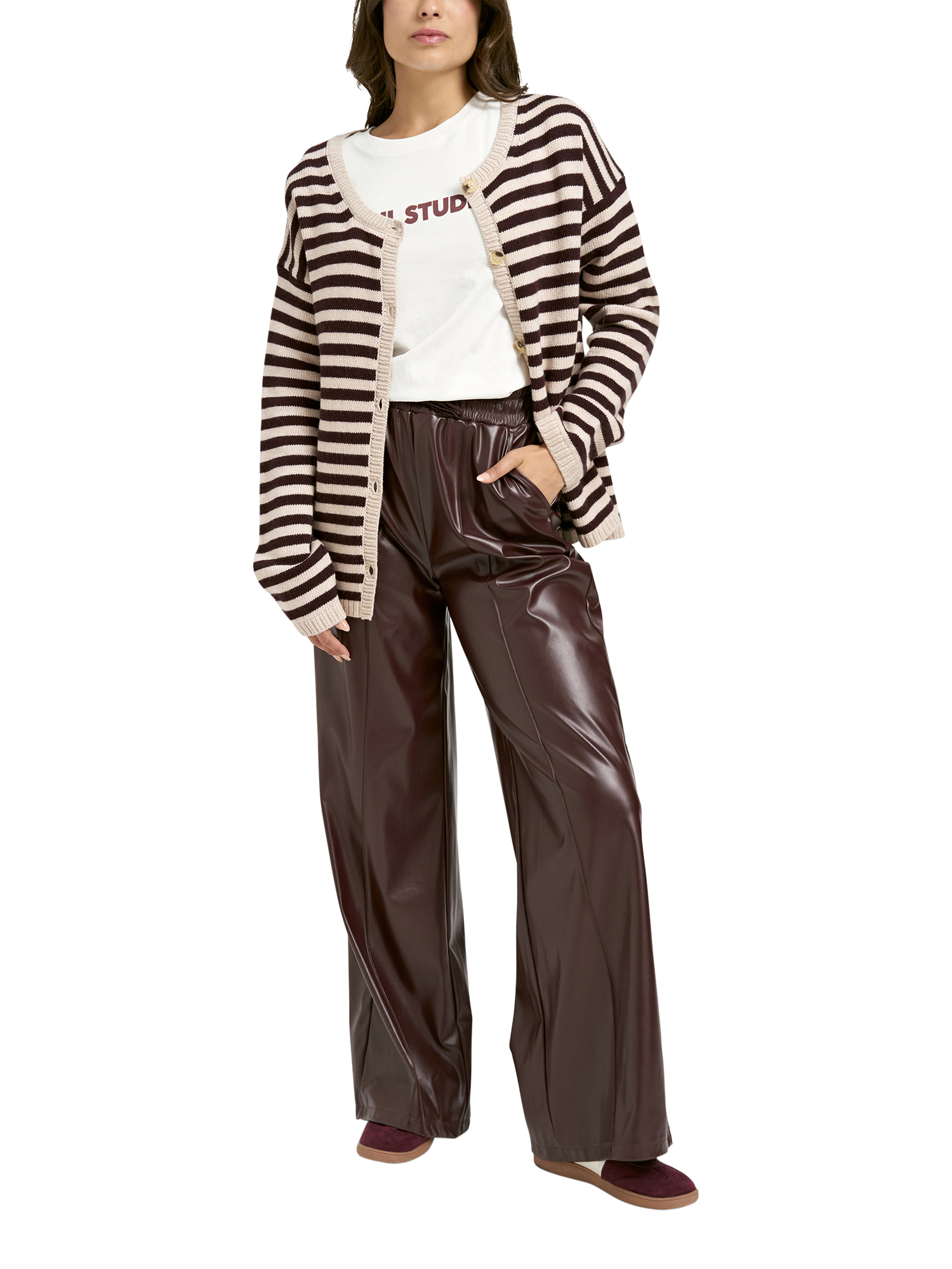 Product image 3 of 6, which shows Smith & Soul Stripe Round Neck Cardigan, Bordeaux Print, XS