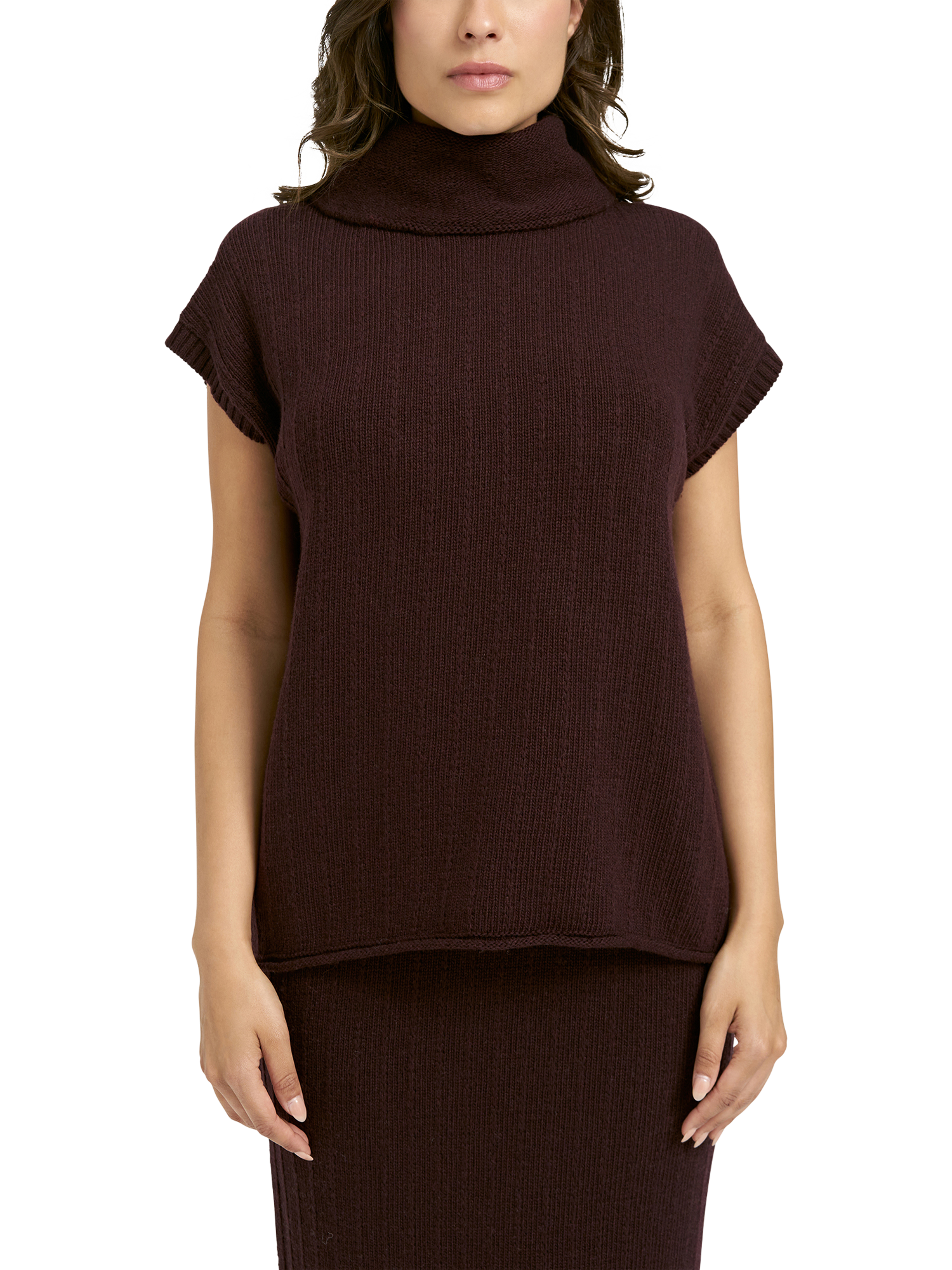 Product image 1 of 6, which shows Smith & Soul Roll Neck Cap Sleeve Knit Top, Plum, XS