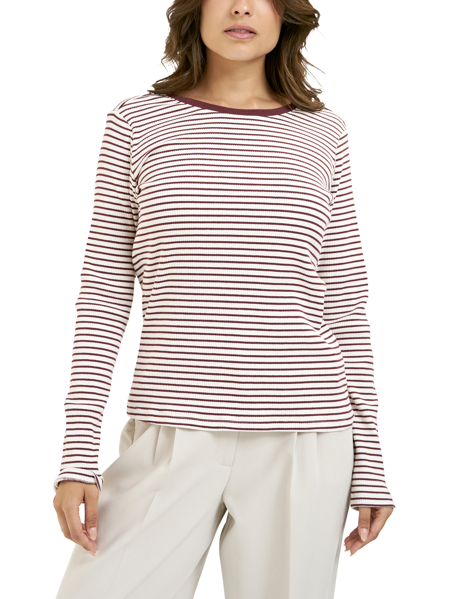 Product image 1 of 6, which shows Smith & Soul Stripe Ribbed Long Sleeve Top, Bordeaux, XS