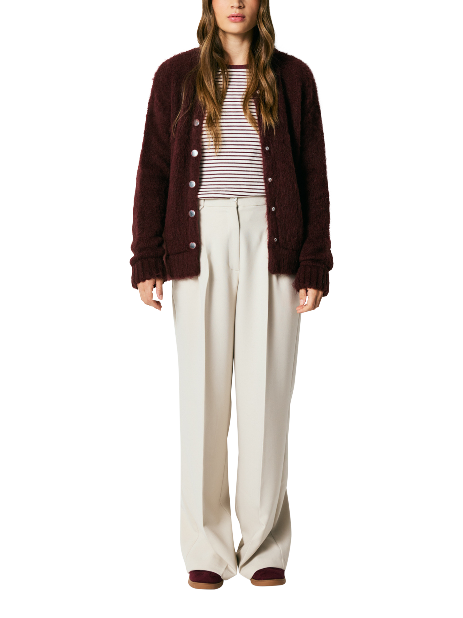 Product image 5 of 6, which shows Smith & Soul Stripe Ribbed Long Sleeve Top, Bordeaux, XS