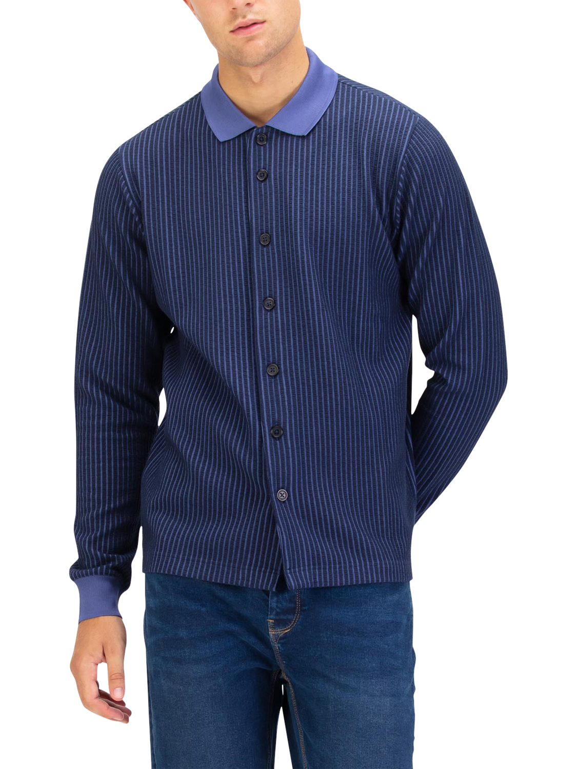 Product image 1 of 6, which shows LUKE 1977 Button Through Long Sleeve Polo Shirt, Dark Navy, S
