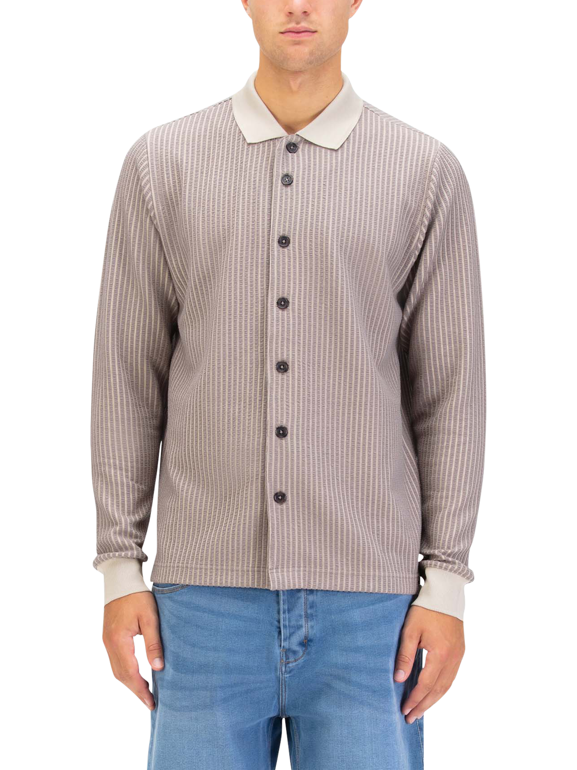 Product image 1 of 6, which shows LUKE 1977 Button Through Long Sleeve Polo Shirt, Hardnut/Stone, S