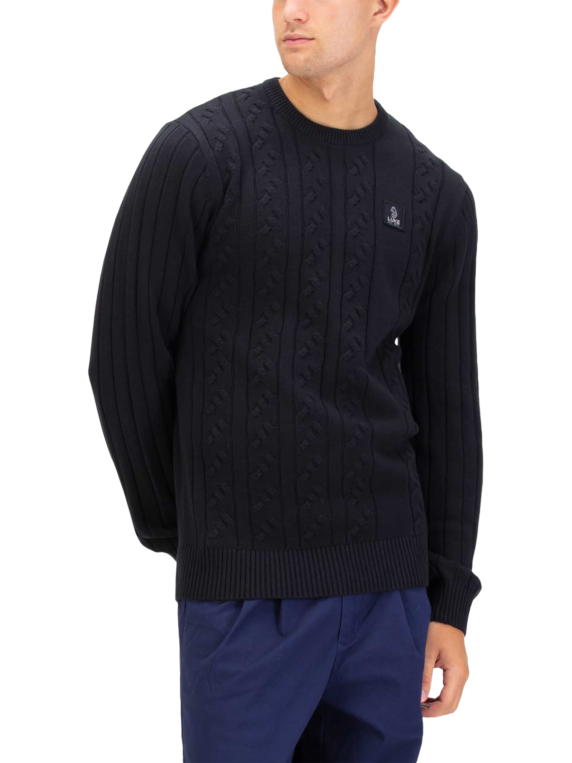Product image 1 of 6, which shows LUKE 1977 Mitcham Cable Knit Jumper, Black, S