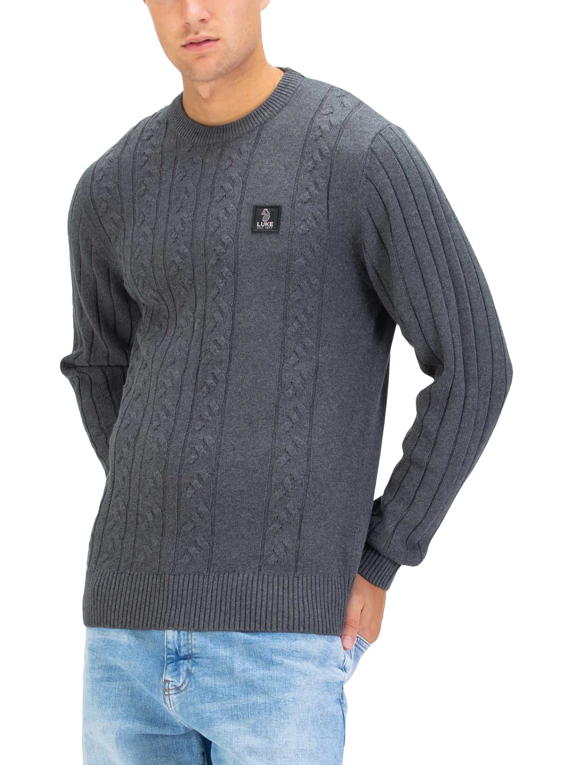 Product image 1 of 6, which shows LUKE 1977 Mitcham Cable Knit Jumper, Charcoal, S