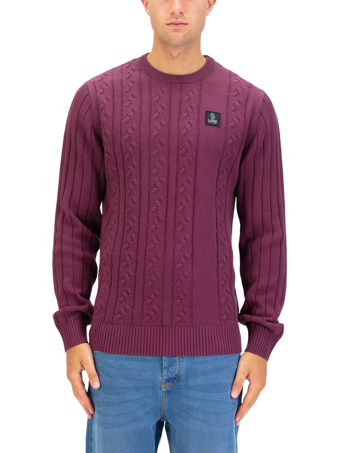 Product image 1 of 5, which shows LUKE 1977 Mitcham Cable Knit Jumper, Mauve Wine, S