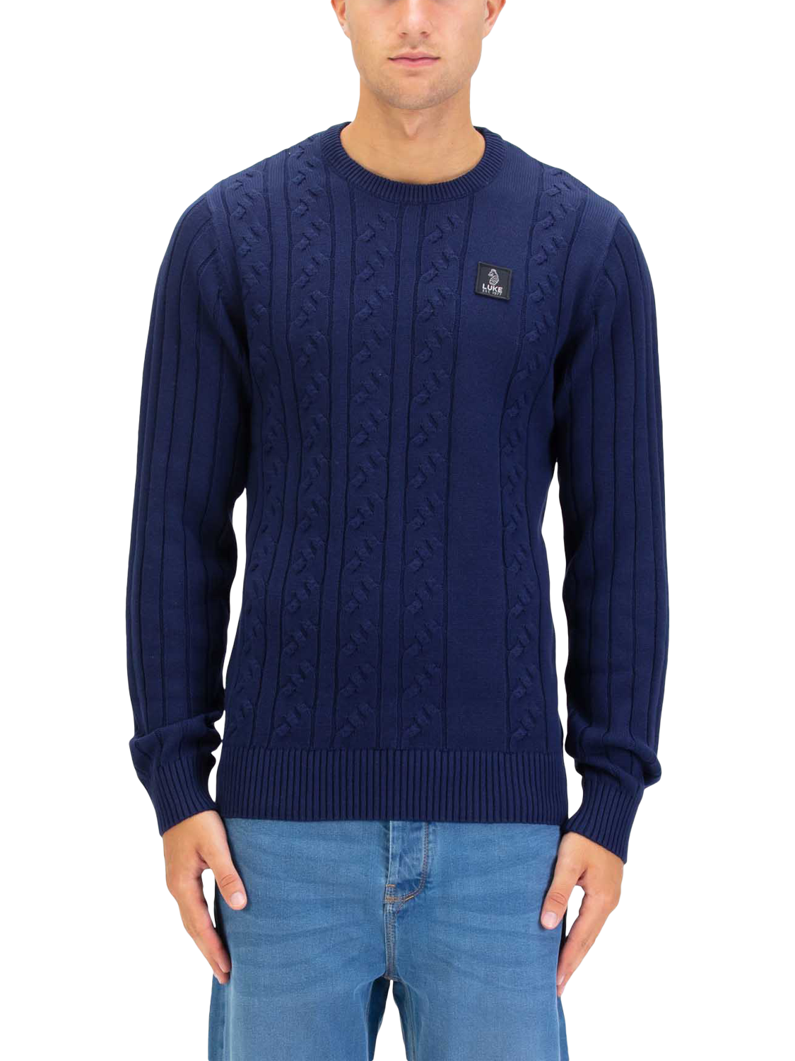 Product image 1 of 6, which shows LUKE 1977 Mitcham Cable Knit Jumper, Navy, S
