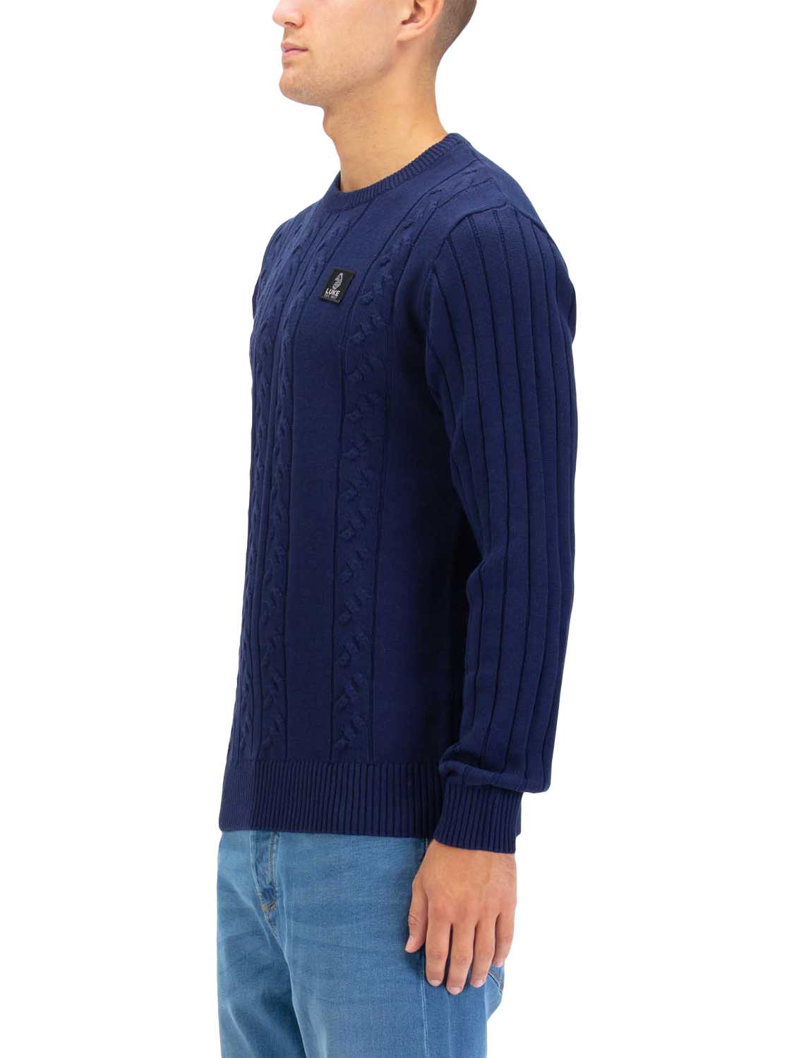 Product image 3 of 6, which shows LUKE 1977 Mitcham Cable Knit Jumper, Navy, S